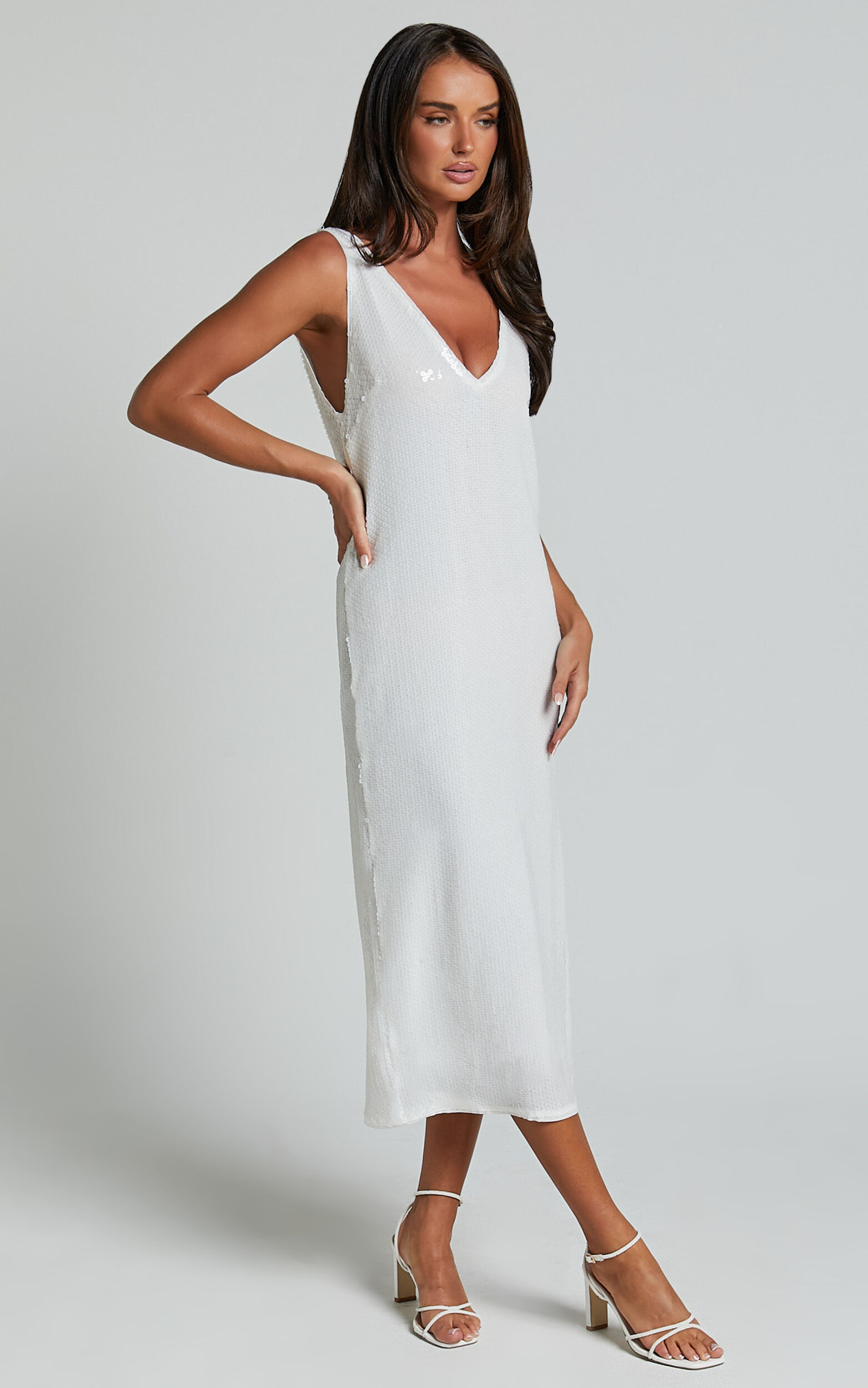 Rosa Midi Dress - Low Back Sequin Dress in White
