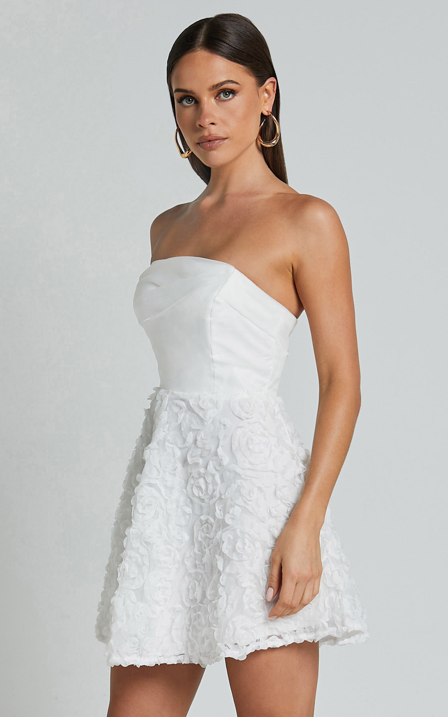 Violeta Mini Dress - Strapless 3d Floral Dress in White