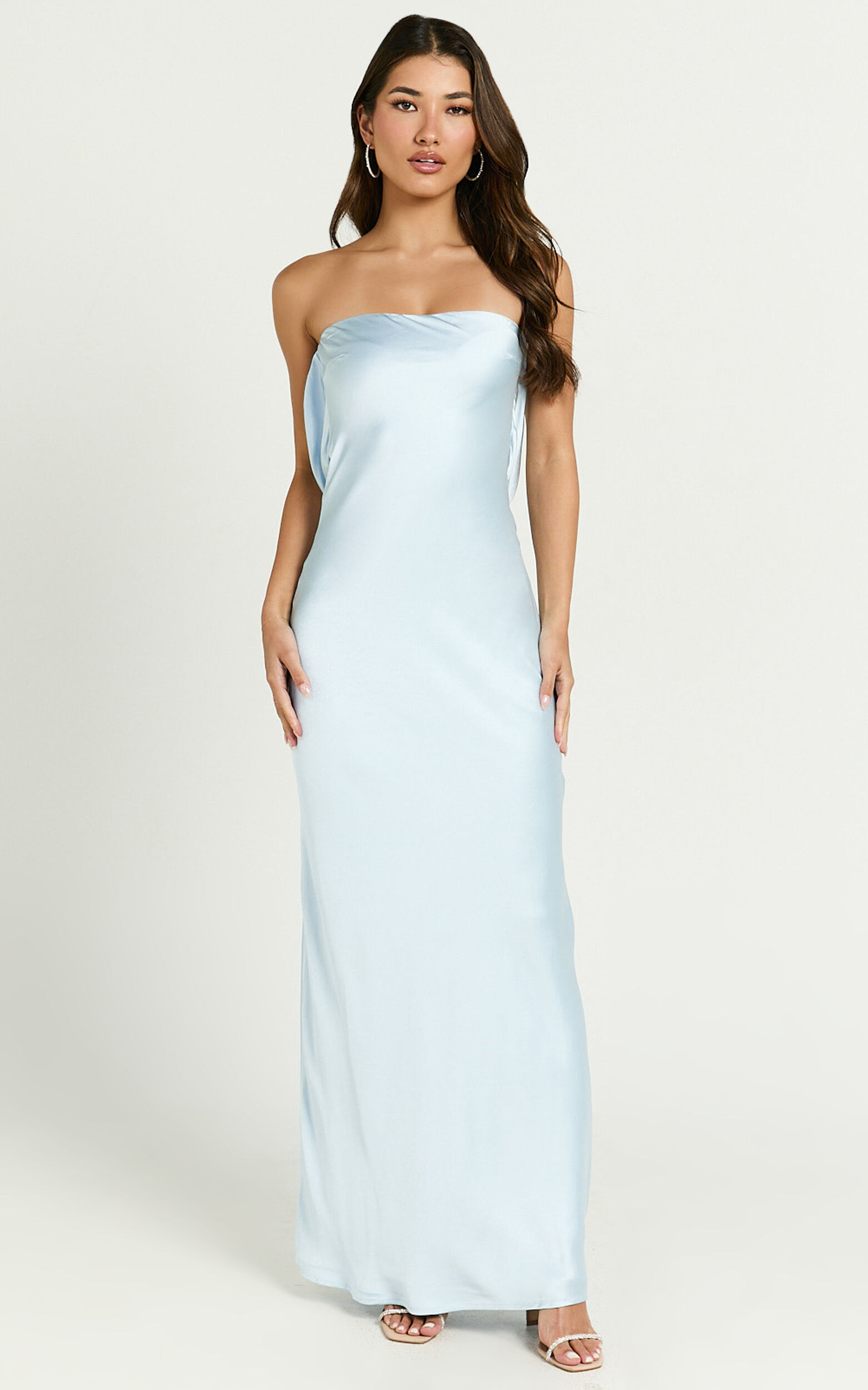 Charlita Maxi Dress - Strapless Cowl Back Satin Dress in Light Blue