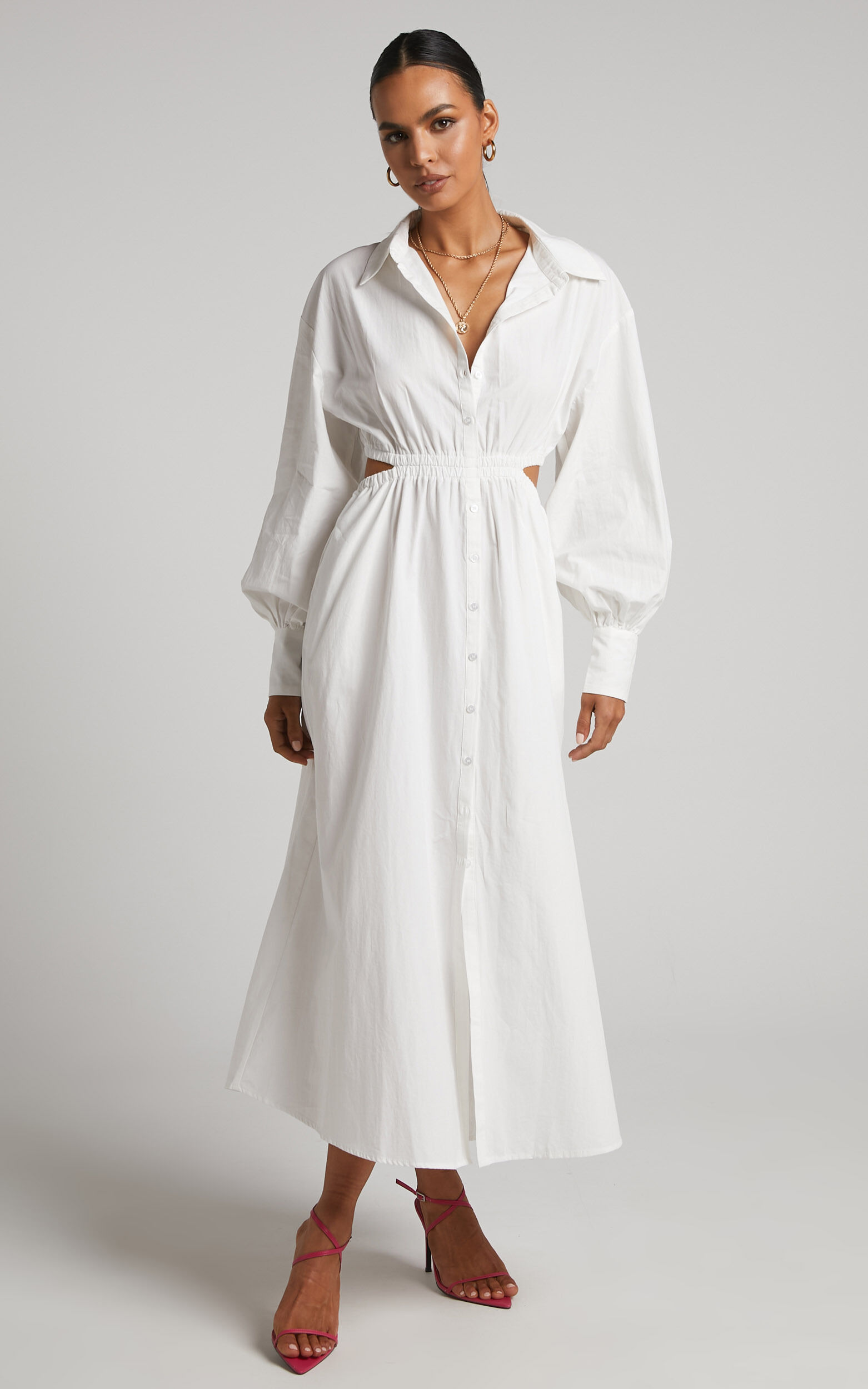 Merabelle Midi Dress - Side Cut Out Collared Long Sleeve Shirt Dress in White