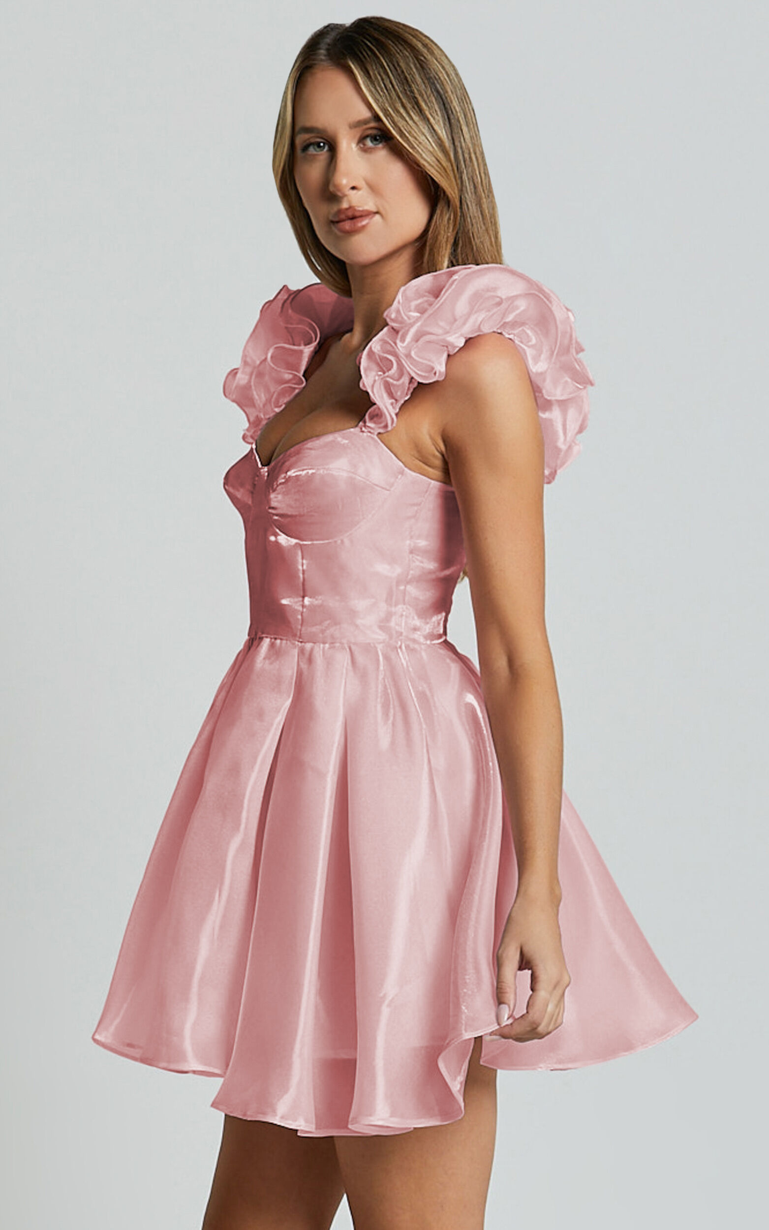Amber Mini Dress - Sleeveless Ruffle Detail Sweetheart Pleated Dress in Pink