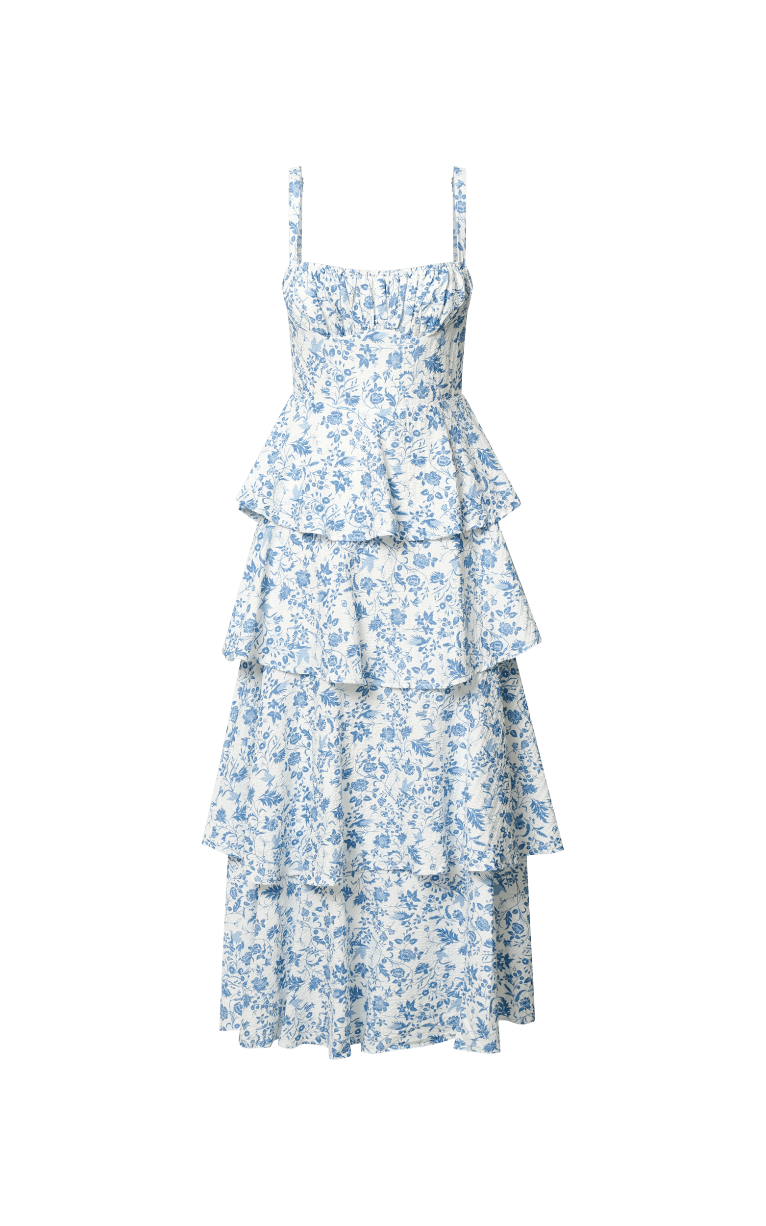 Lorma Midi Dress - Ruched Layered Dress in Blue Floral