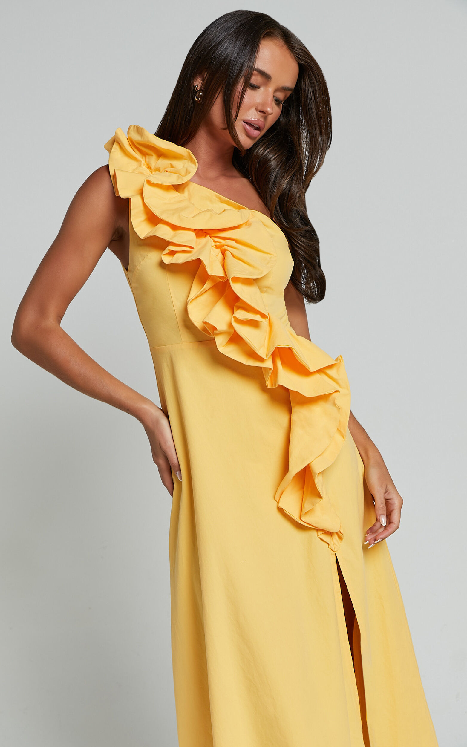 Rita Midi Dress - One Shoulder Ruffle Detail Dress in Yellow