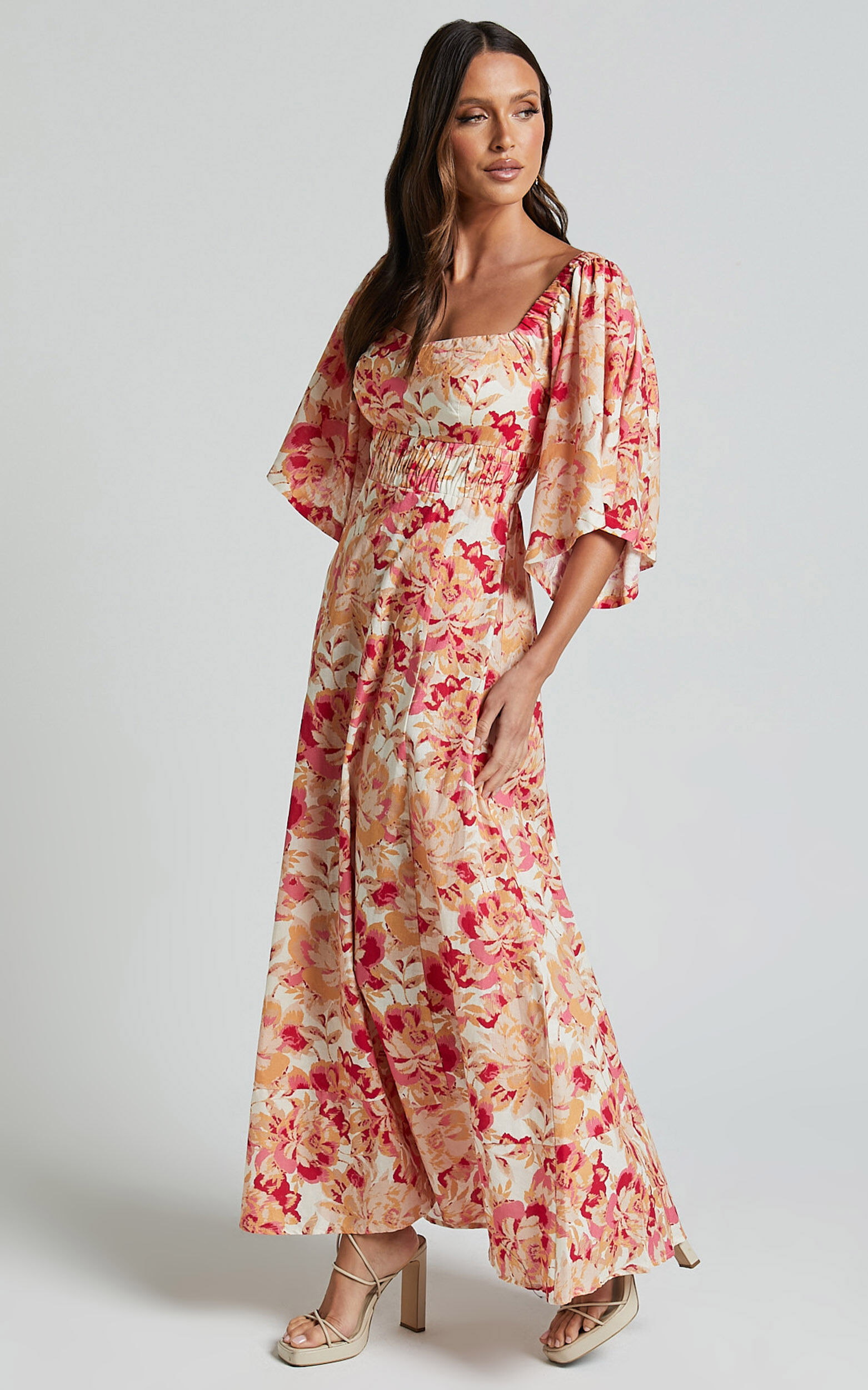 Amalie The Label - Thalia Linen Blend Puff Sleeve Midi Dress in Sienna Print