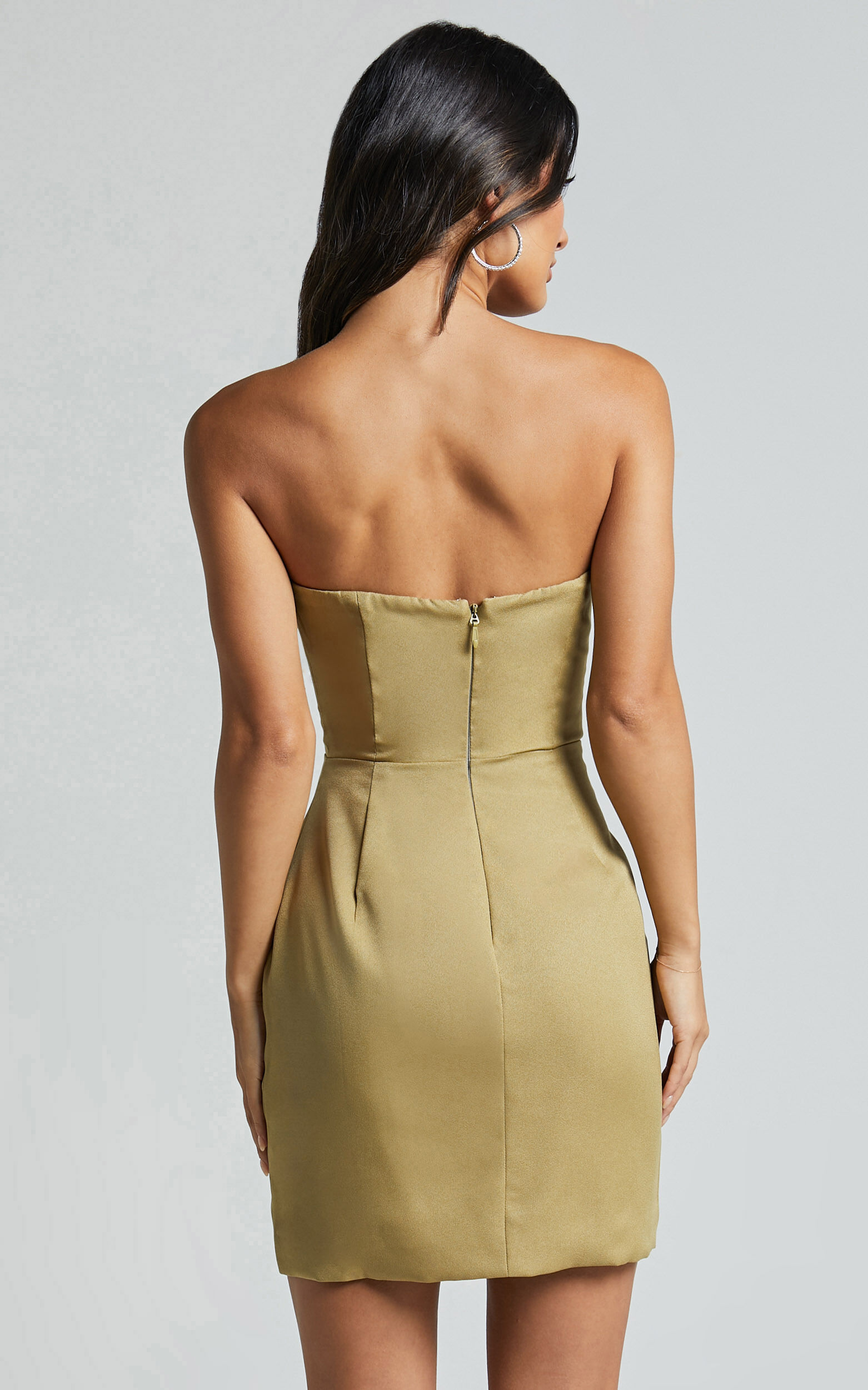 Myla Mini Dress - Strapless Draped Fitted Dress in Olive