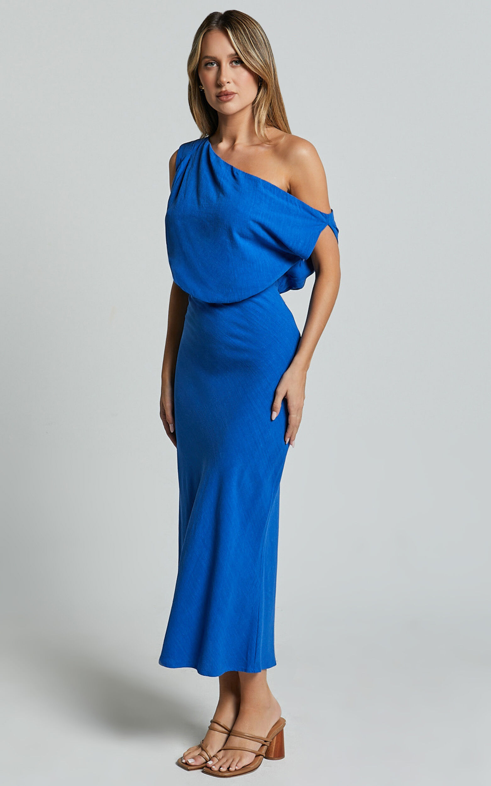 Jacqueline Midi Dress - Linen One Shoulder Dress in Cobalt