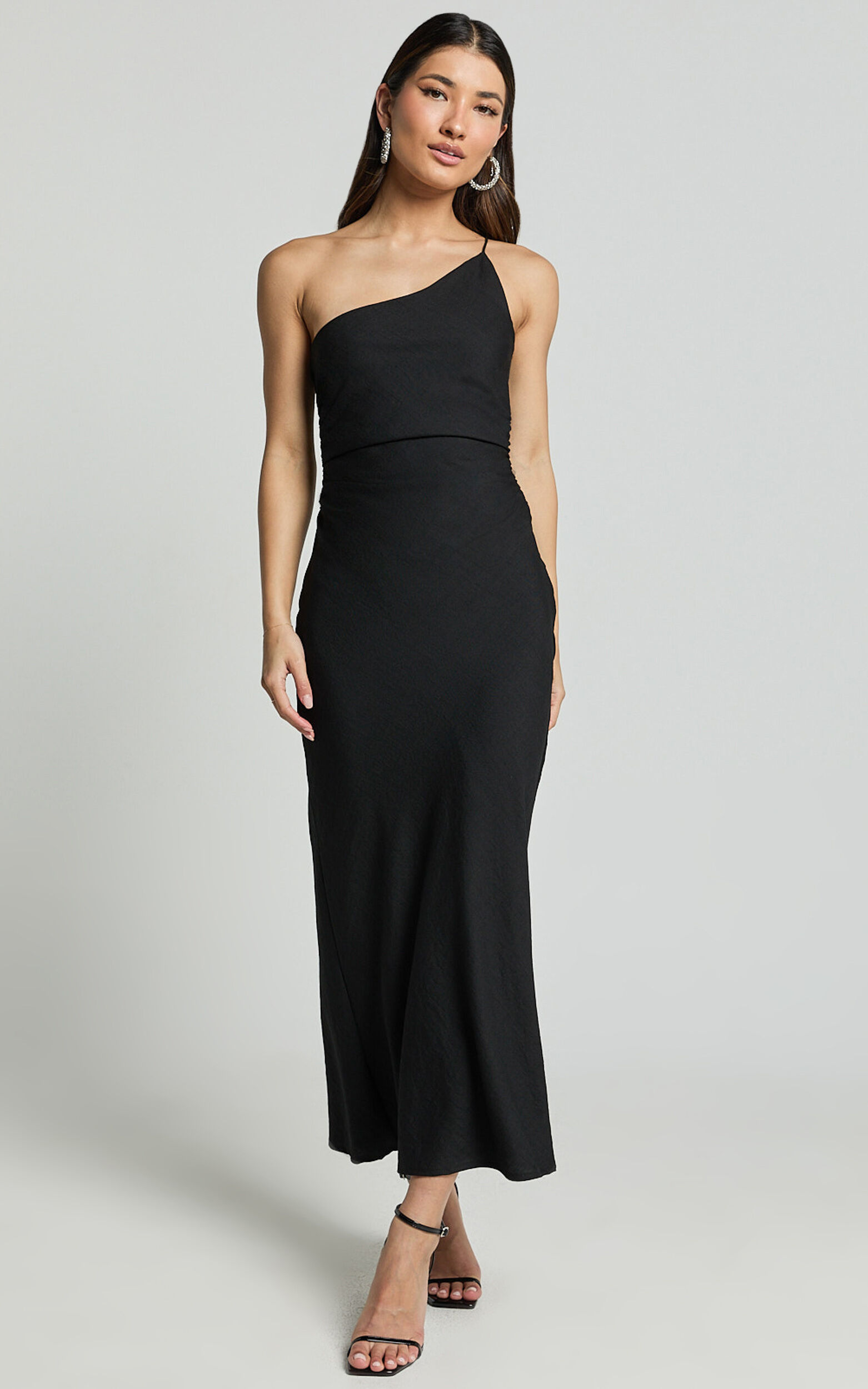 Devon Maxi Dress - One Shoulder Slip Dress in Black