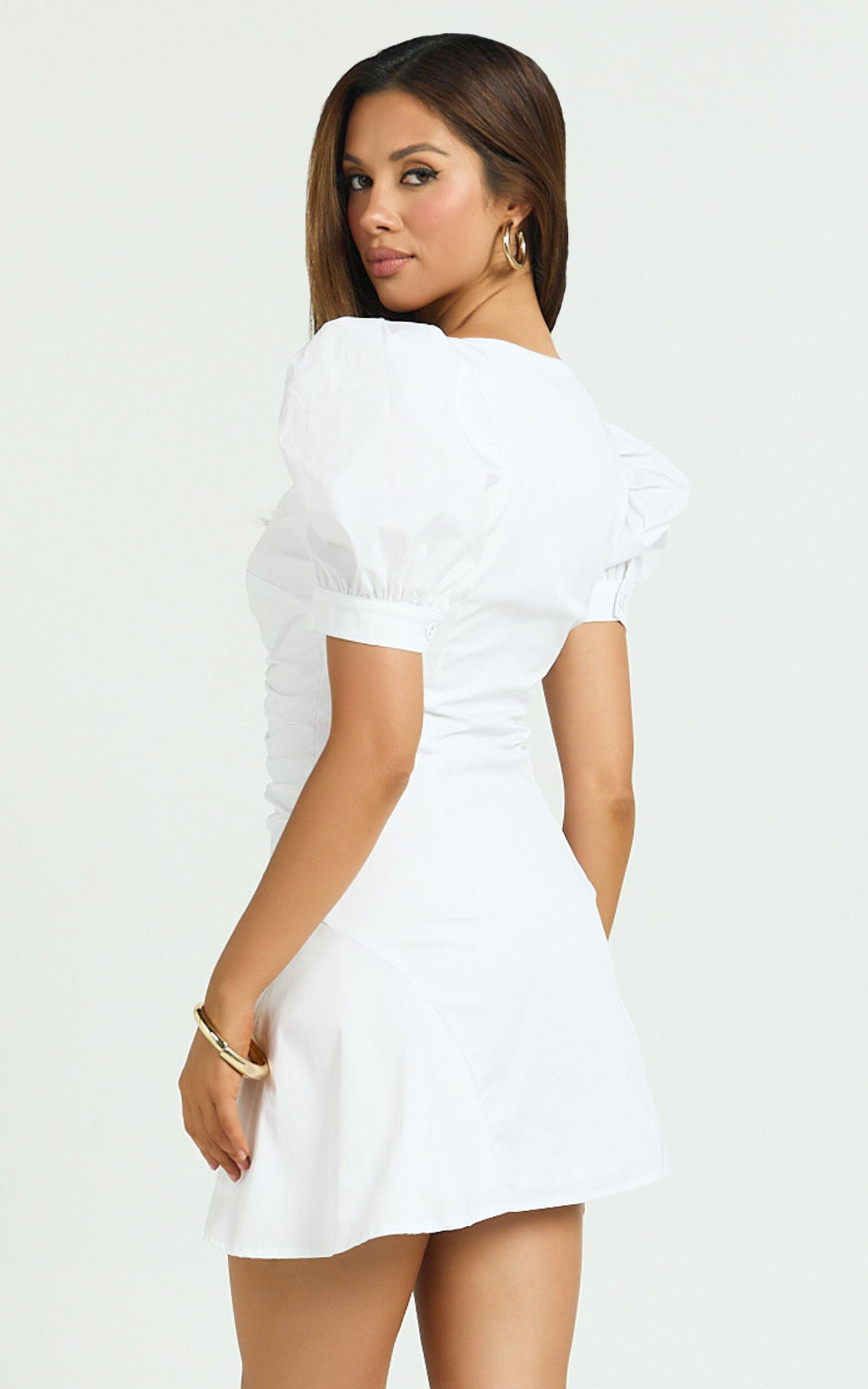 Mya Mini Dress - Scoop Neck Ruched Button Front Puff Sleeve Dress in White