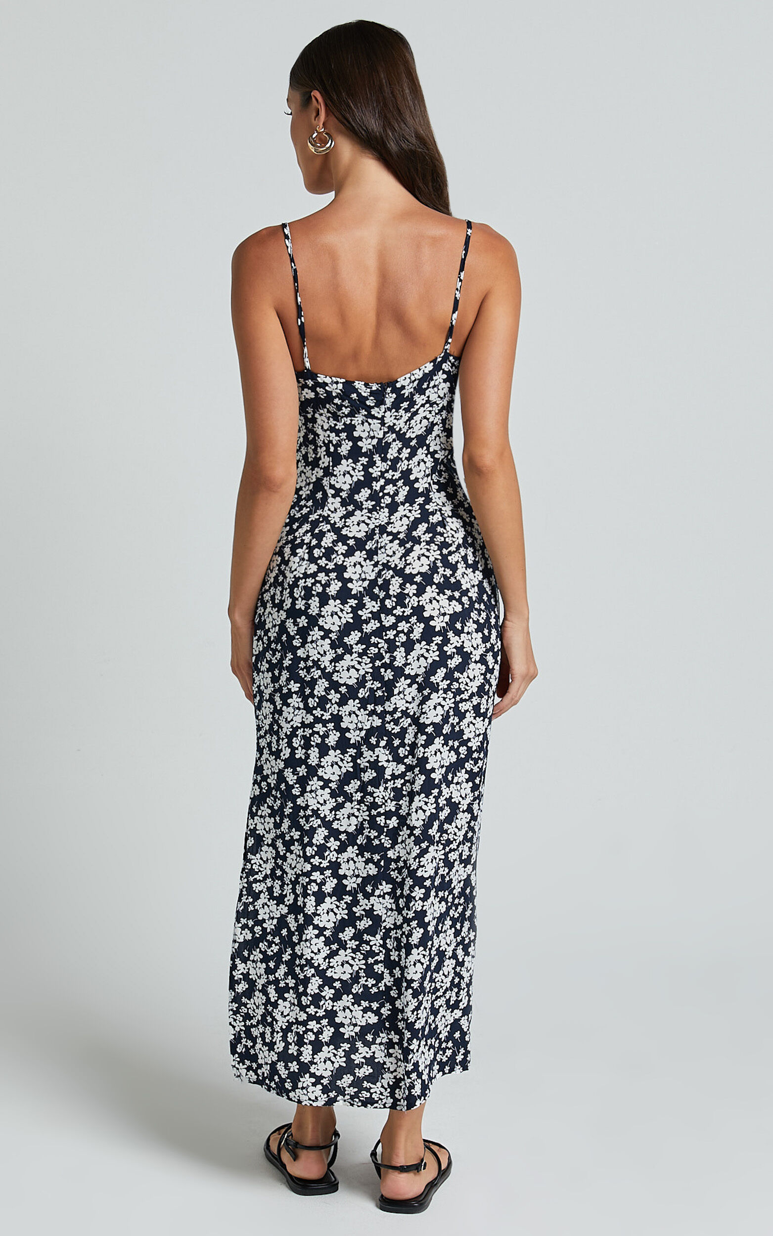 Ely Midi Dress - Strappy Ruched Bust Side Split Dress in Navy Floral