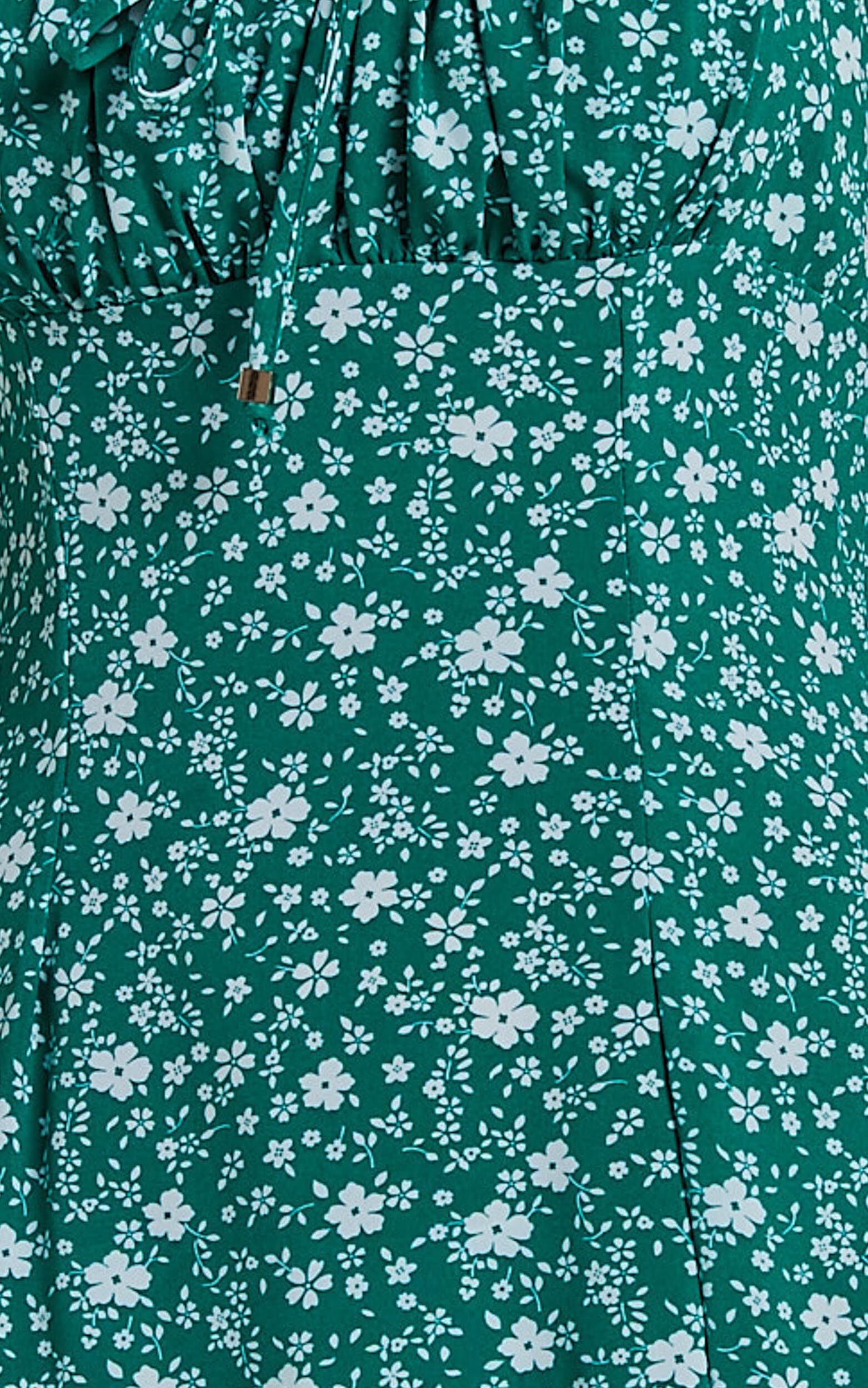 Willa Midi Dress - Ruched Bust Thigh Split Dress in Green Floral