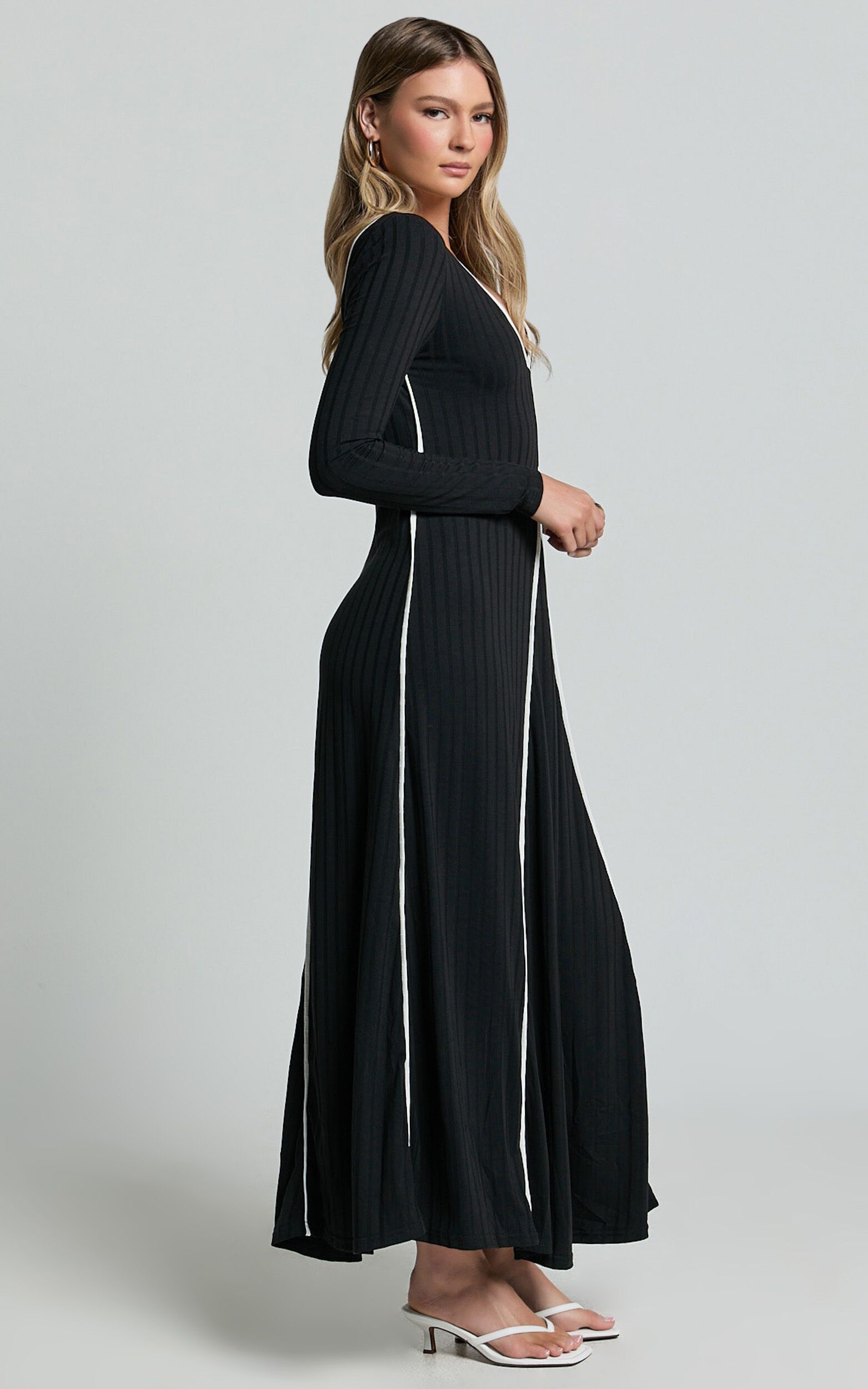 Margie Midi Dress - Long Sleeve Contrast Bind Ribbed Dress in Black