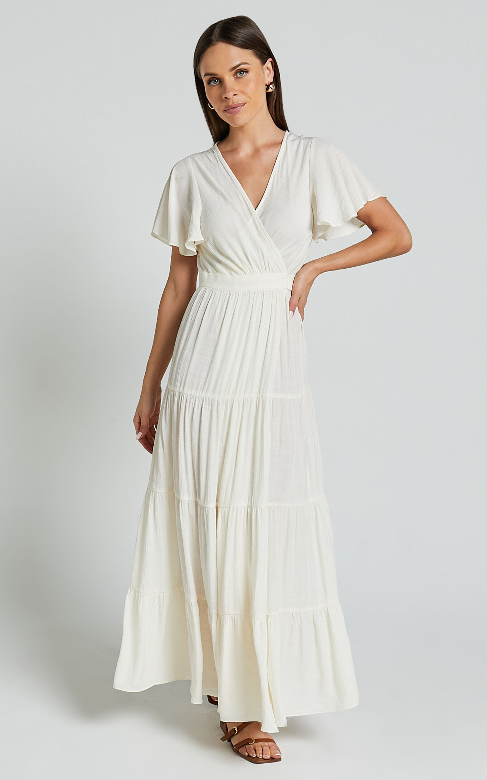 Geneva Midi Dress - Short Flutter Sleeve Wrap Dress in Off White