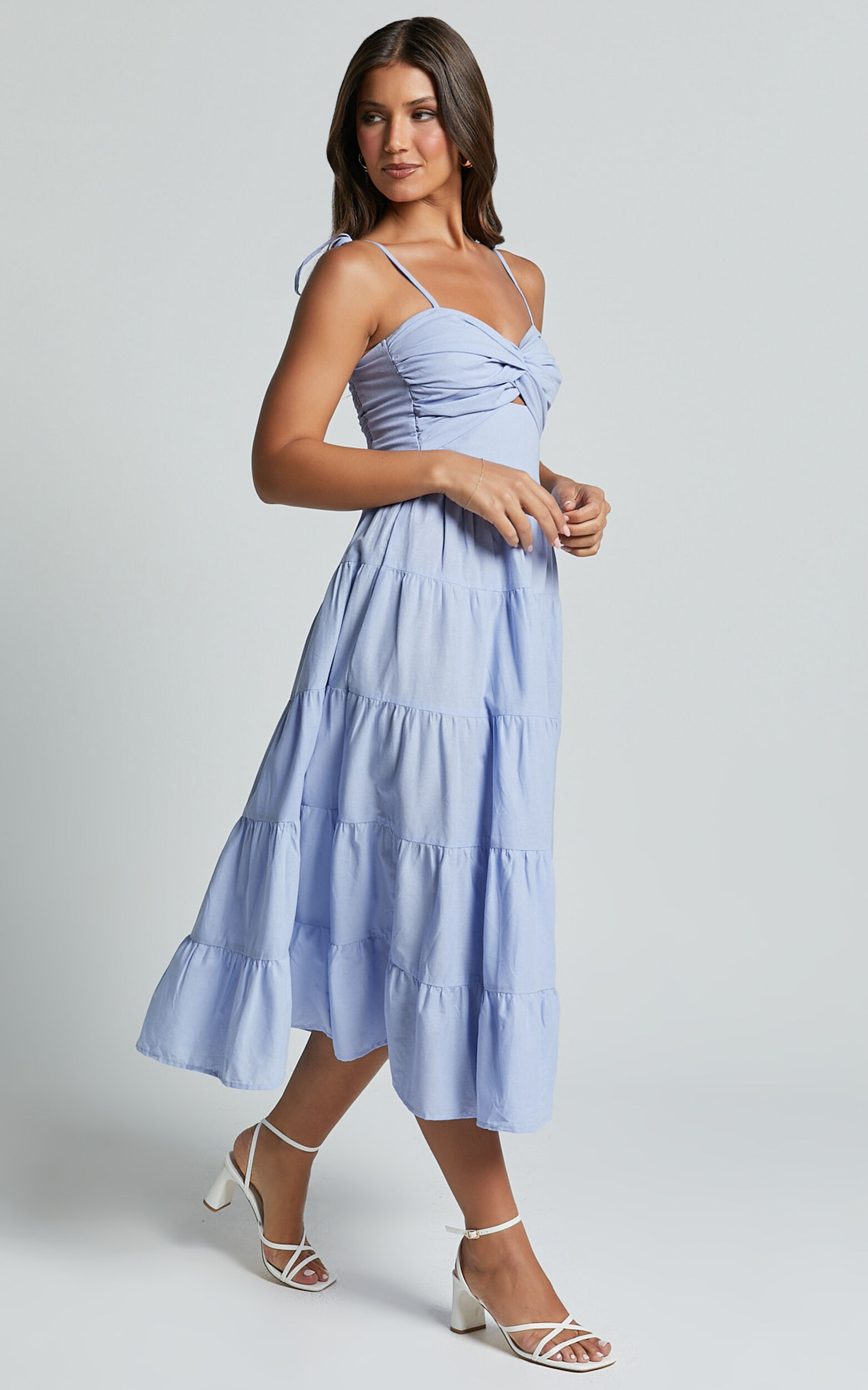Leticia Midi Dress - Twist Front Tie Strap Tiered Dress in Pale Blue