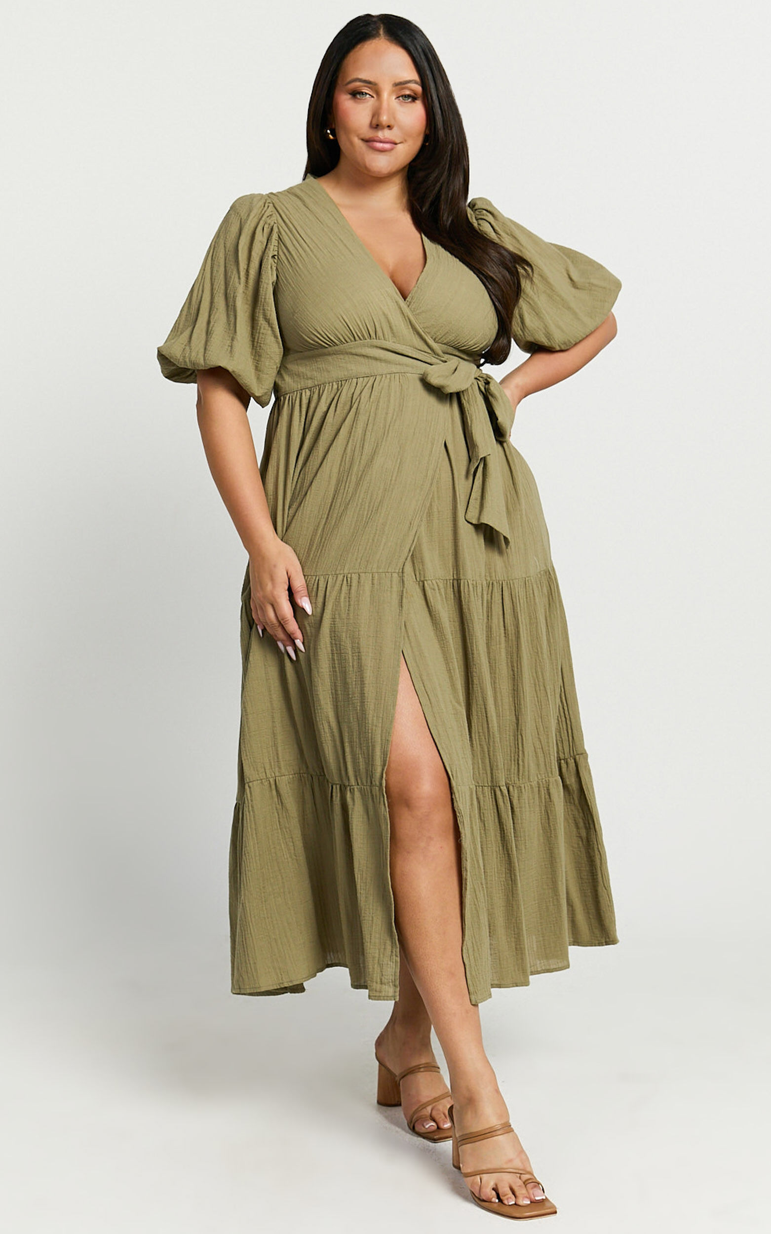Penelope Wrap Front Puff Sleeve Midi Dress in Olive