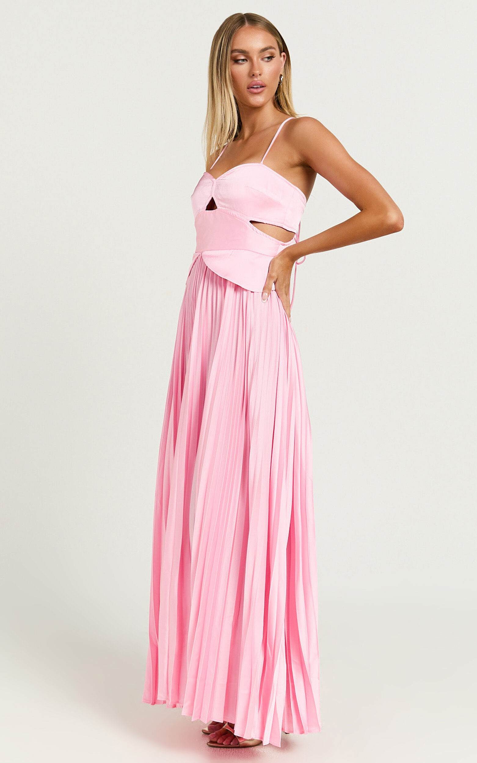 Shay Maxi Dress - Sweetheart Cut Out Pleated Dress in Pink