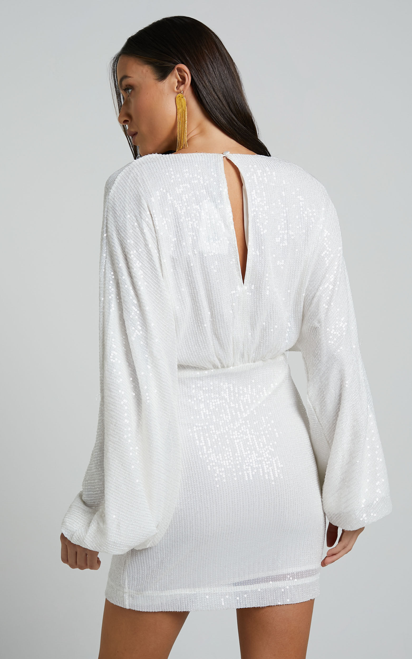 Erine Mini Dress - Long Sleeve Sequin Dress in White