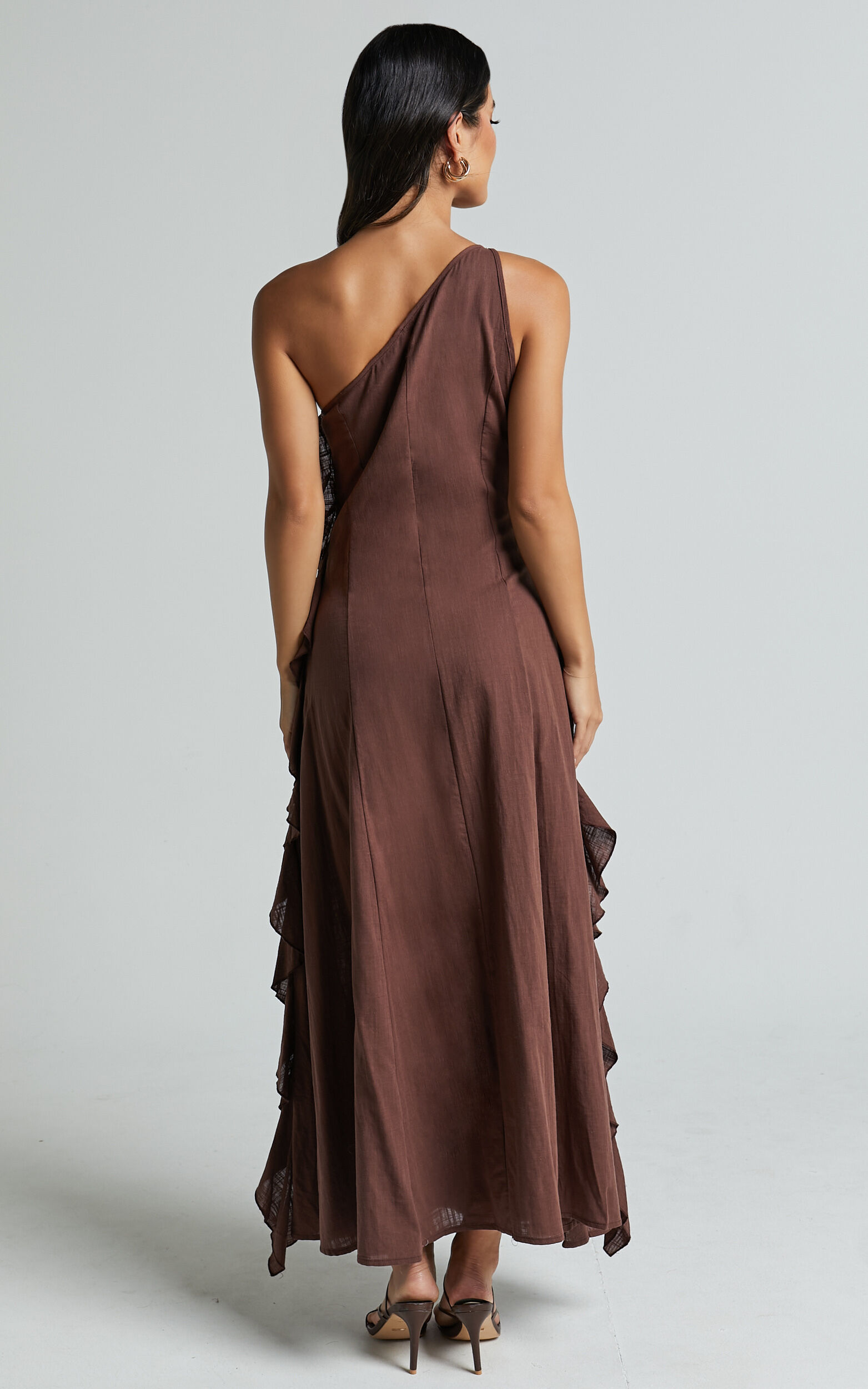 Britney Maxi Linen Dress - One Shoulder Ruffle Detail Dress in Chocolate