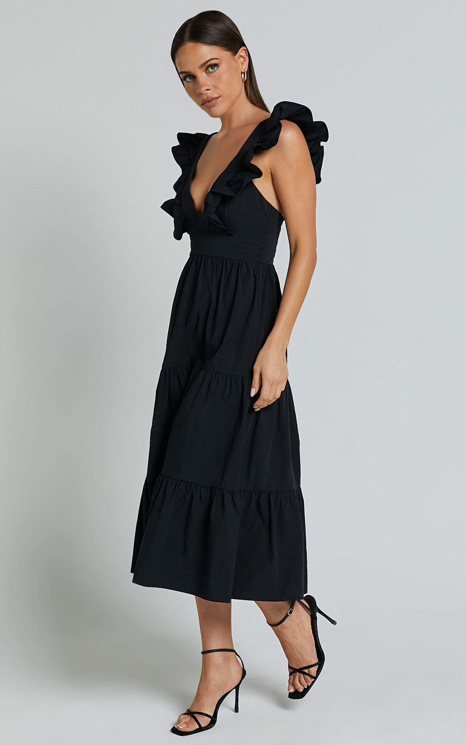 Levona Midi Dress - Ruffle Shoulder Tiered Dress in Black