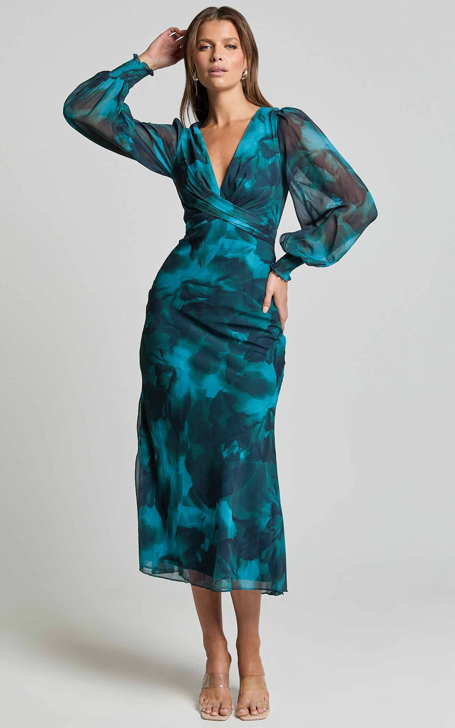Artelia Midi Dress - V Neck Long Sleeve Slip Dress in Emerald