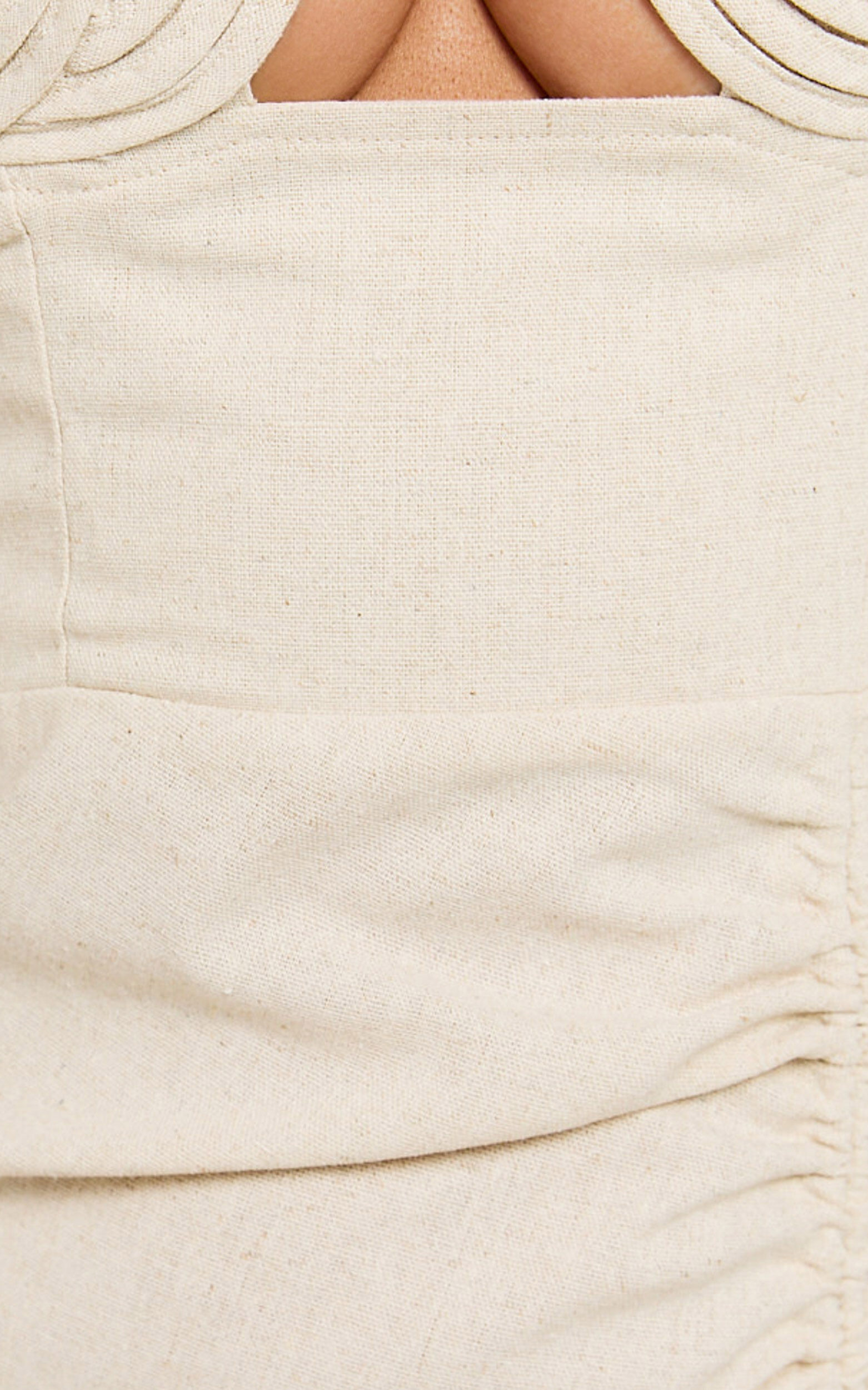 Griffin Midi Linen Dress - Embroidered Tie Back Ruched Dress in Oatmeal