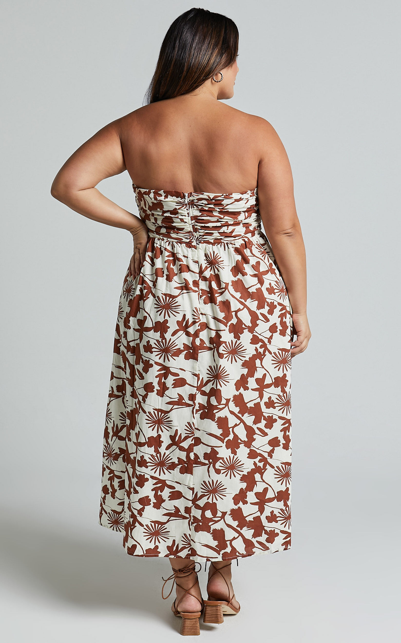 Evita Midi Dress - Ruched High Split Strapless Dress in Multi