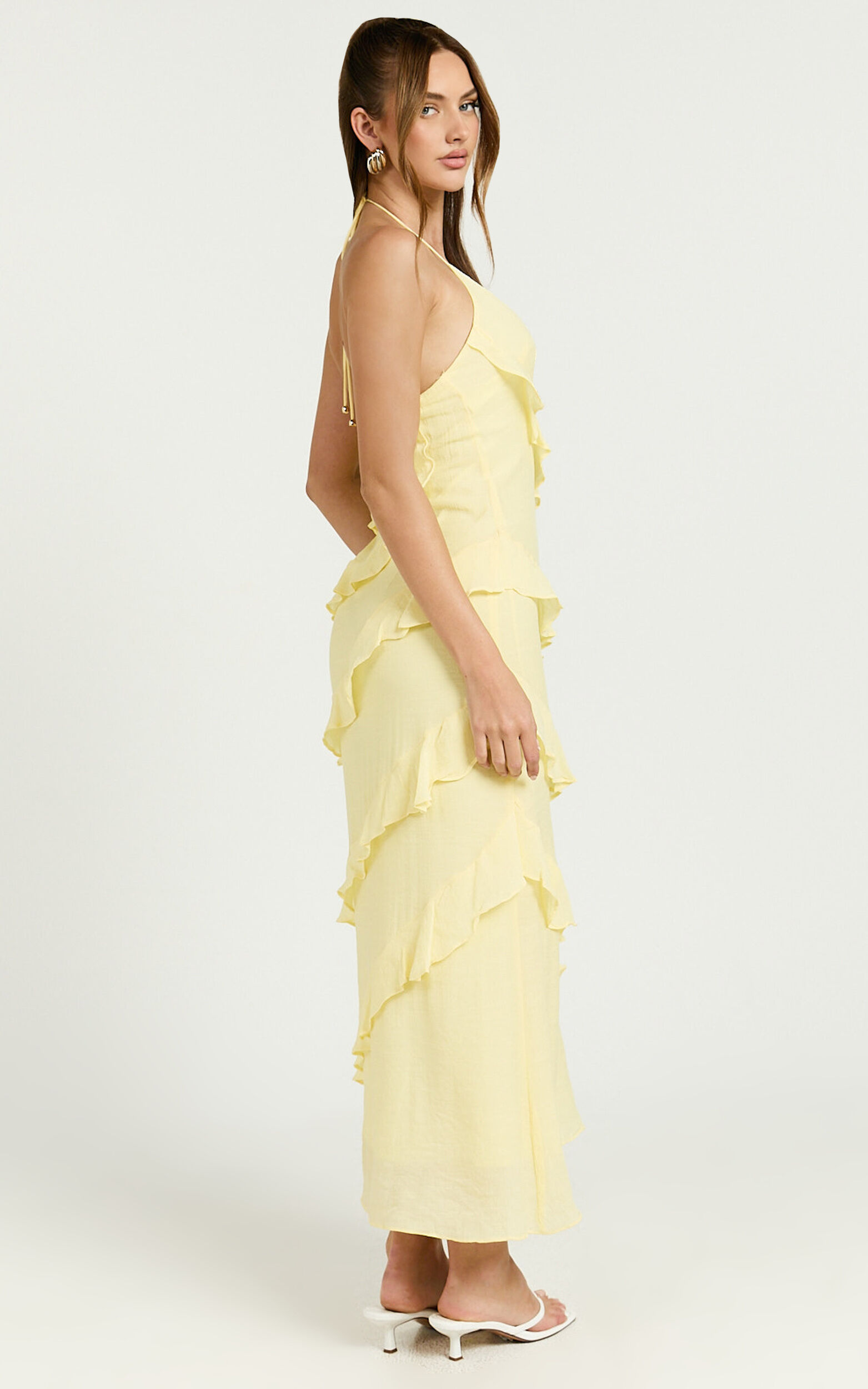 Brayden Midi Dress - V Neck Ruffle Dress in Lemon