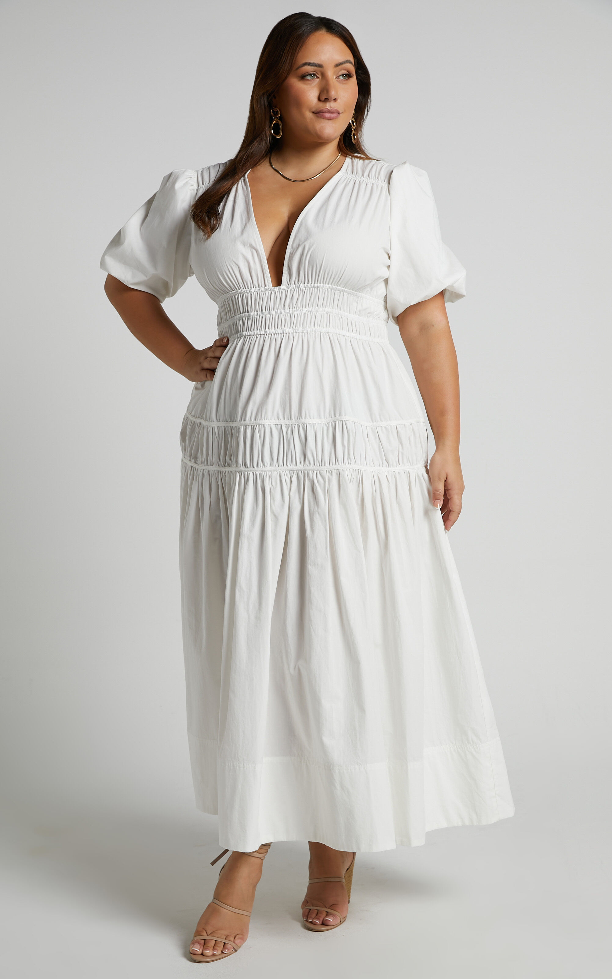 Mellie Midi Dress - Puff Sleeve Plunge Tiered Dress in White