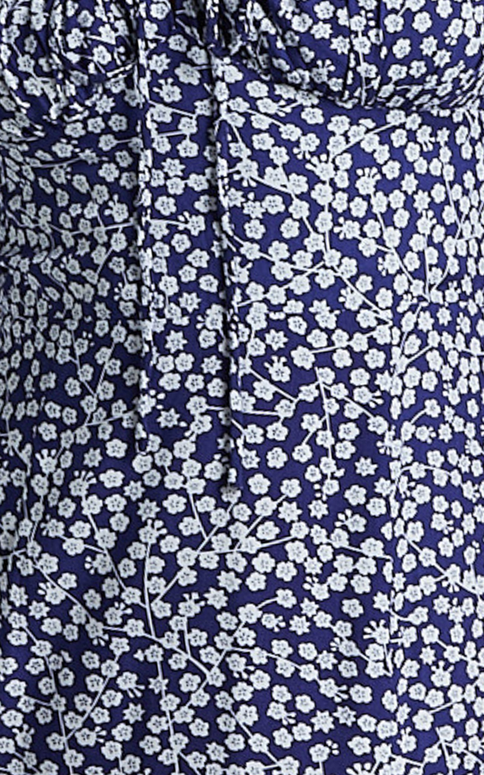 Rosario Midi Dress - Ruched Bust Puff Sleeve Dress in Blue Floral