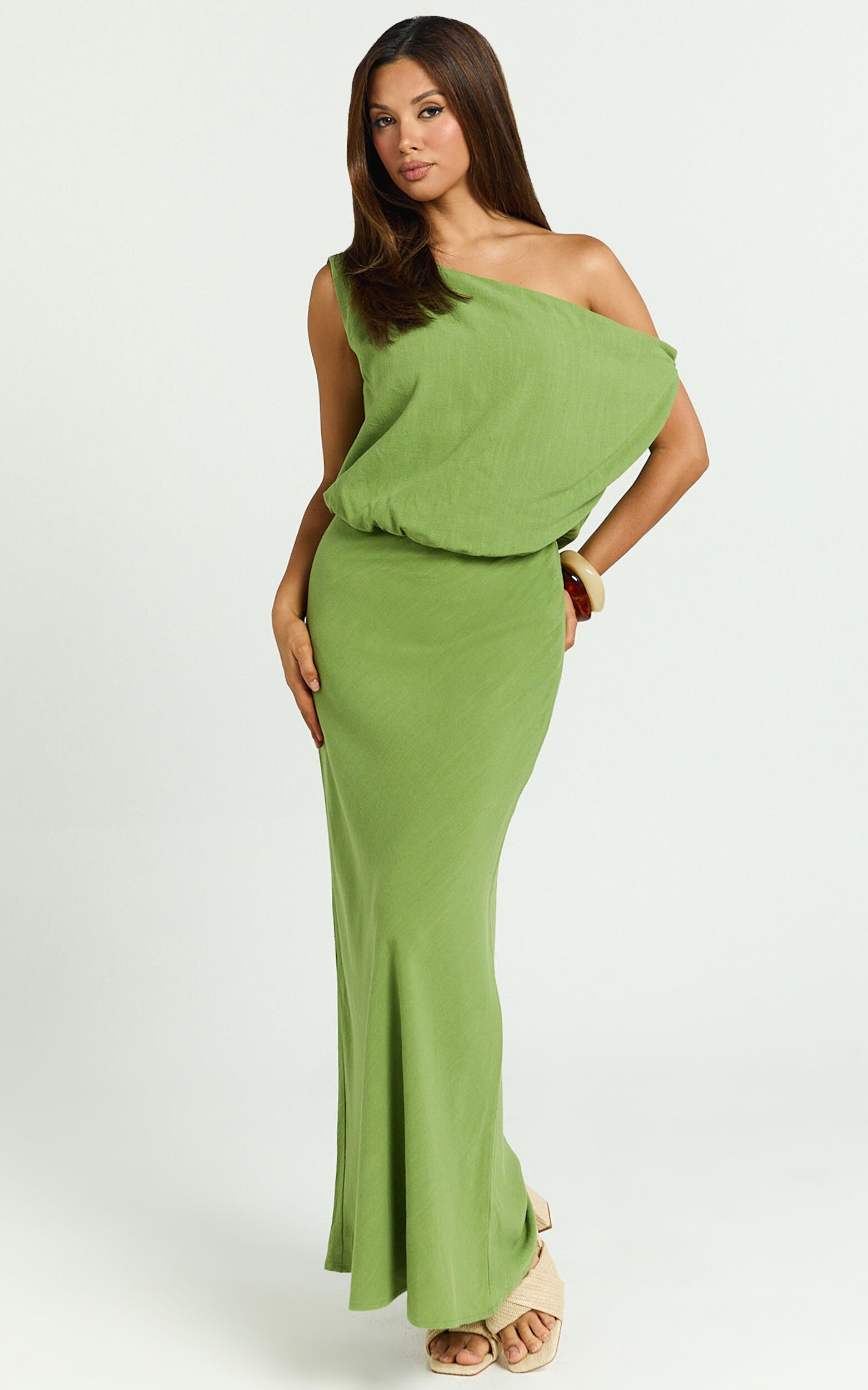 Jacqueline Midi Dress - Linen One Shoulder Dress in Green