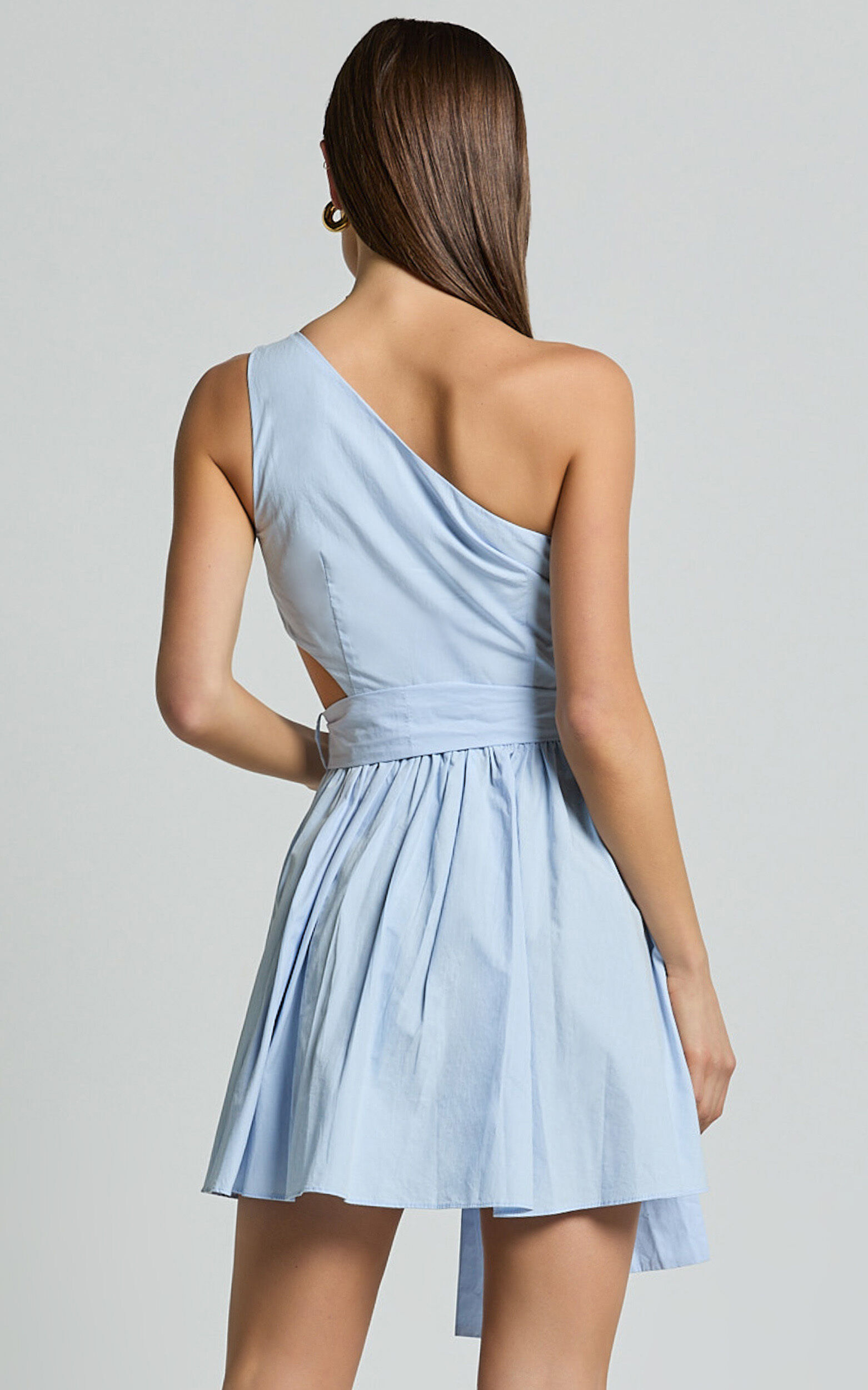 Mauee Mini Dress - One Shoulder Tie Waist Cut Out Dress in Powder Blue