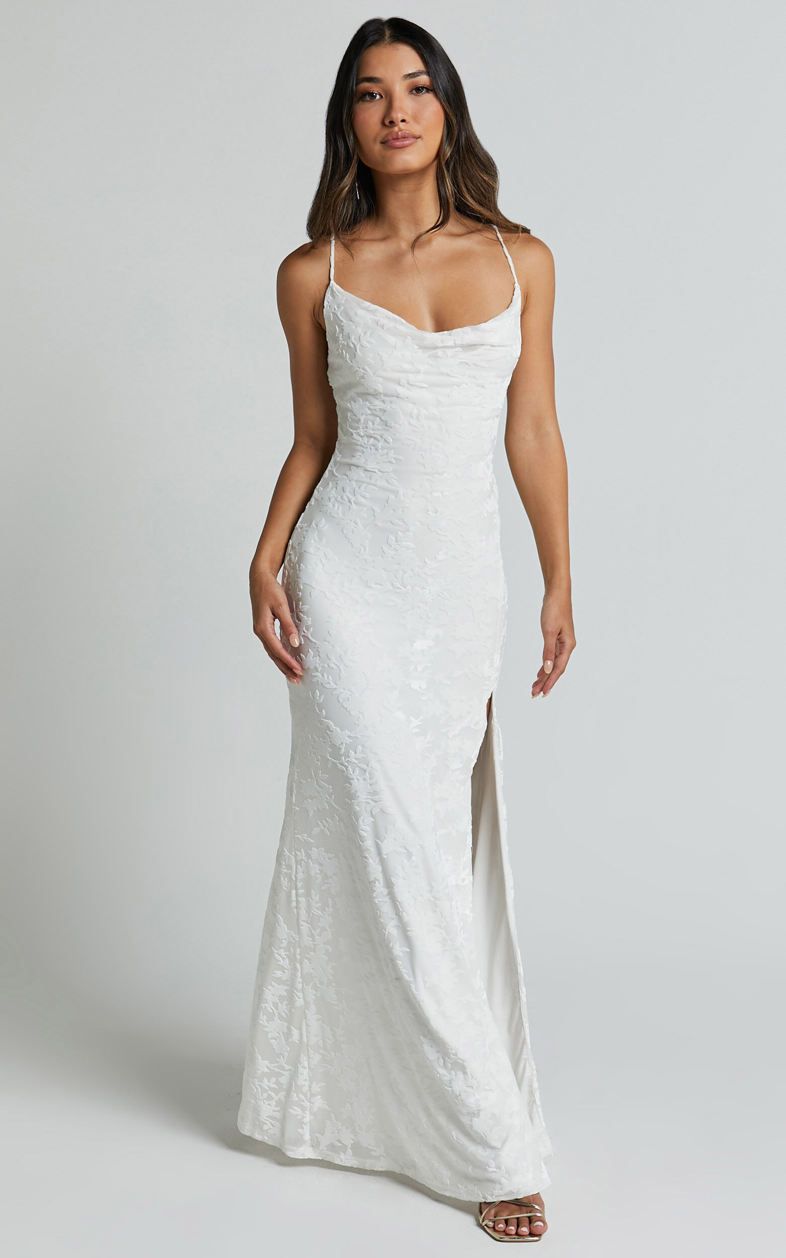 Reese Maxi Dress - Cowl Cross Back Burnout Dress in White