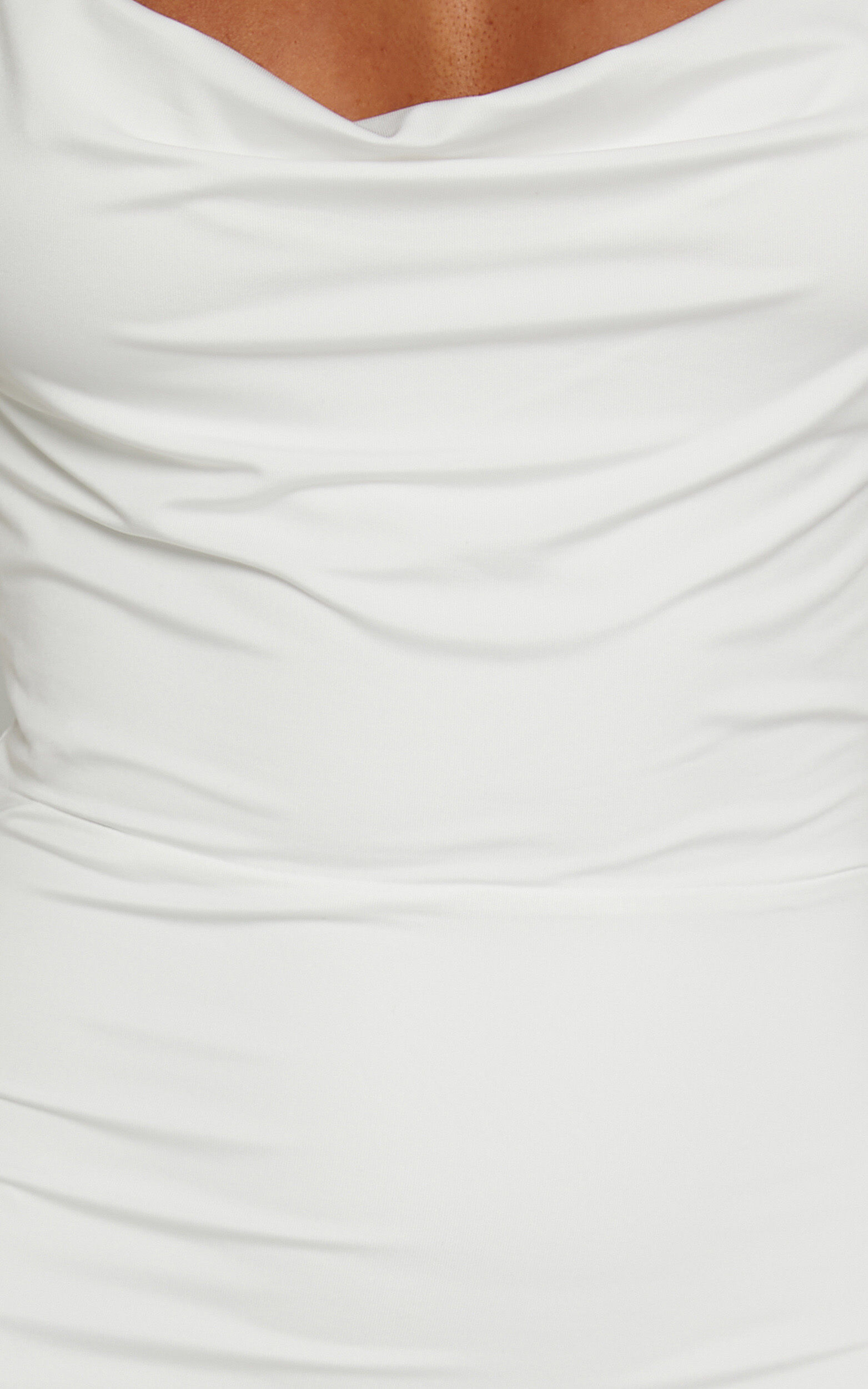 Tasteful Midi Dress - Cowl Neck Bodycon Thigh Split Dress in White