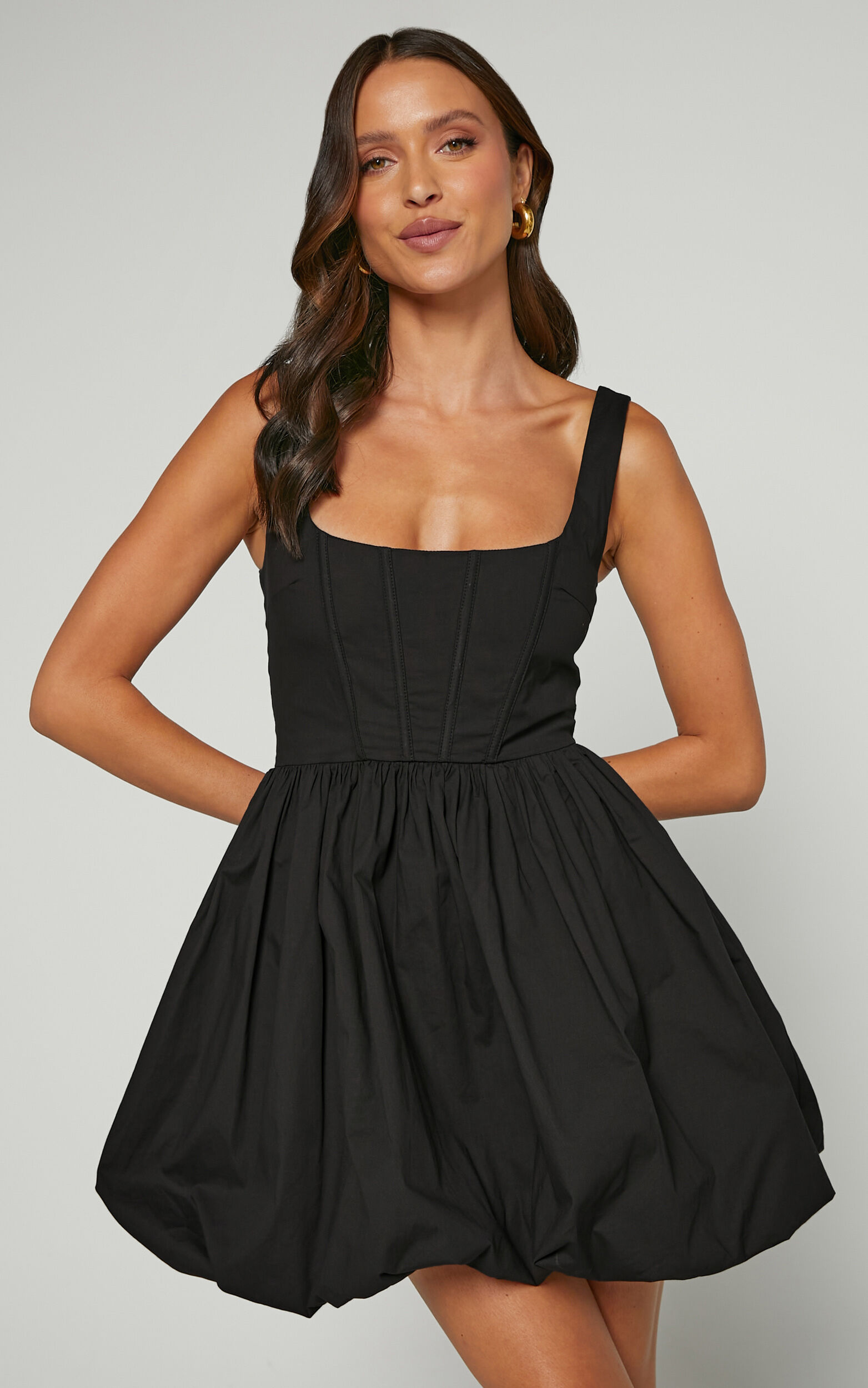Brianda Mini Dress - Corset Bodice Bubble Hem Dress in Black