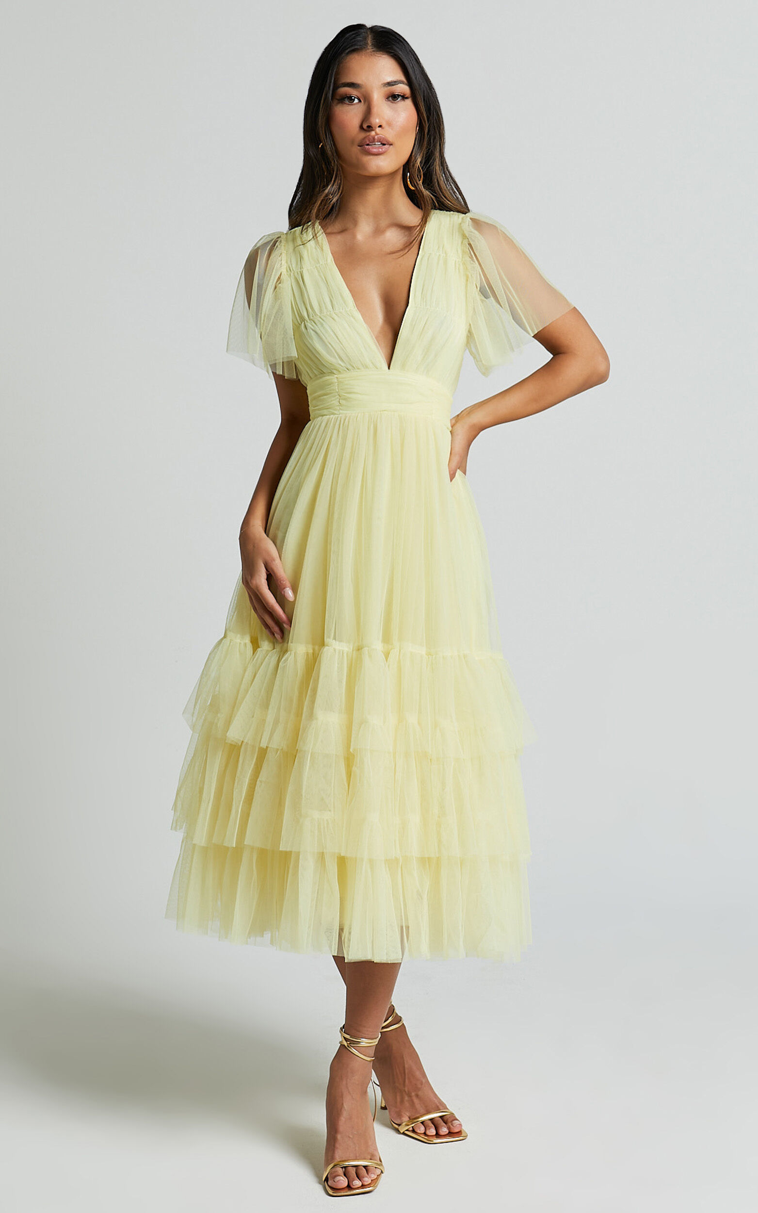 Jiraye Midi Dress - Flutter Sleeve Tuelle Plunge Dress in Lemon