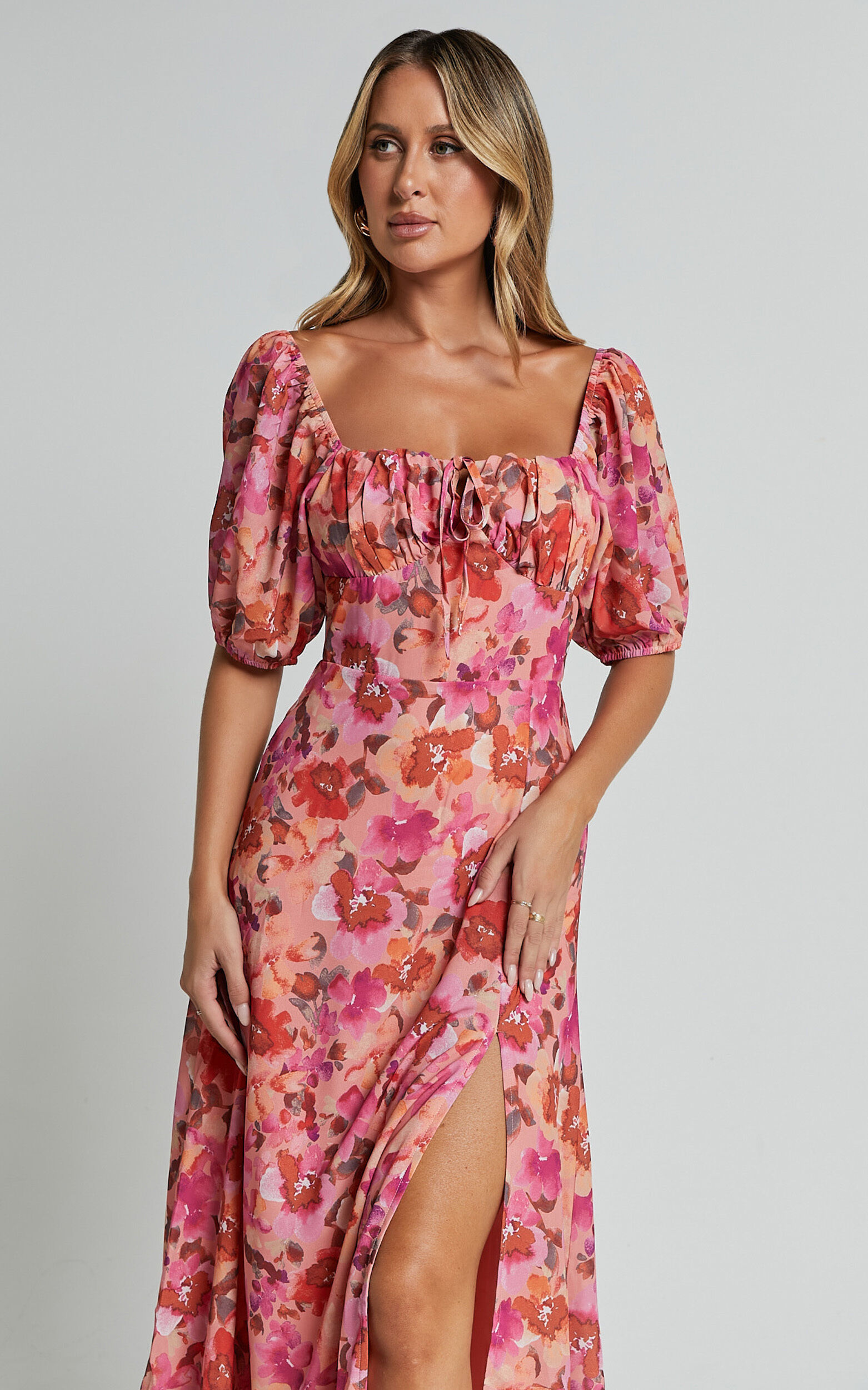 Austen Midi Dress - Short Puff Sleeve Thigh Split Dress in Apricot Blossom