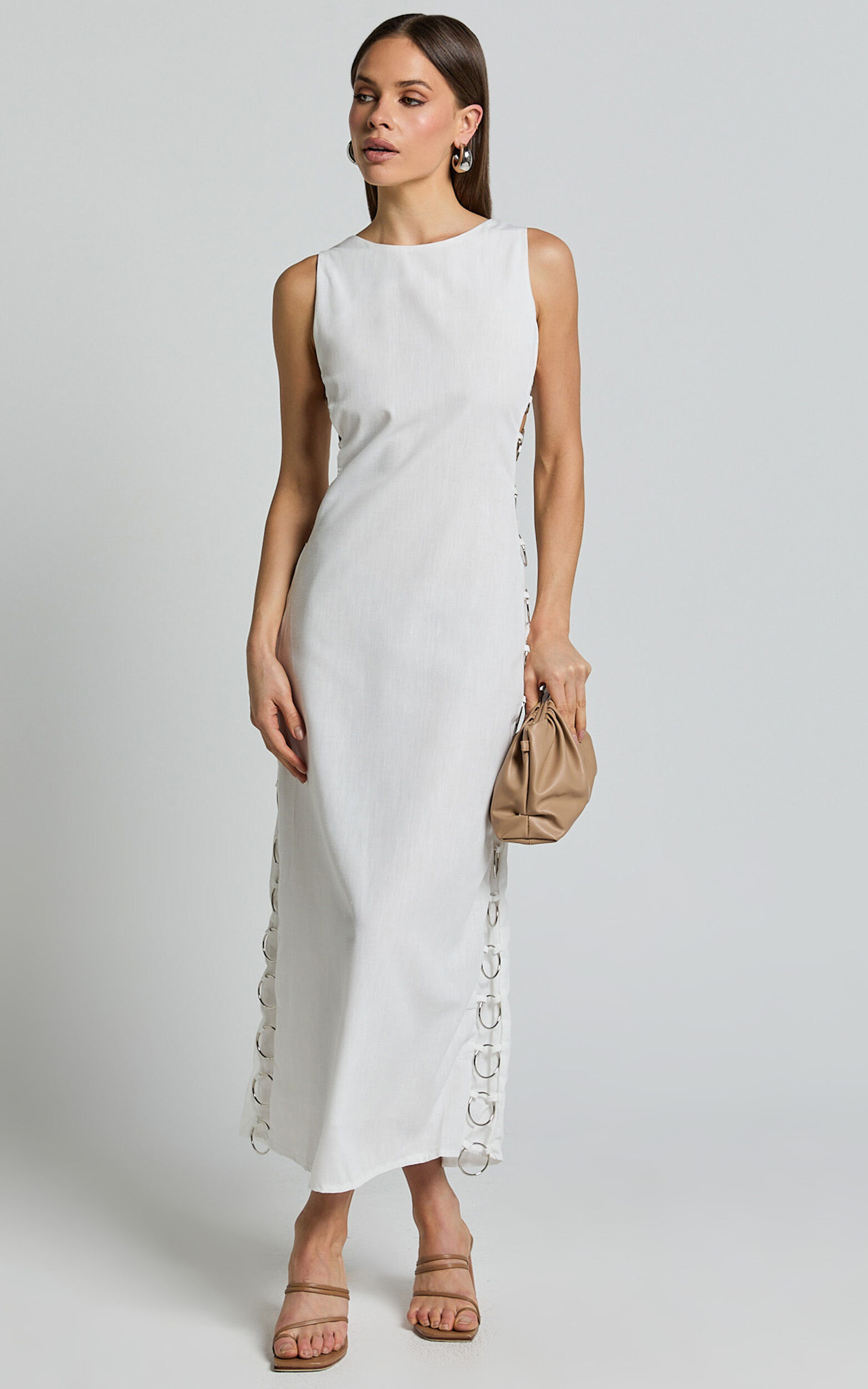 Tyla Maxi Dress - Sweetheart Neck Side Ring Detail Dress in Natural
