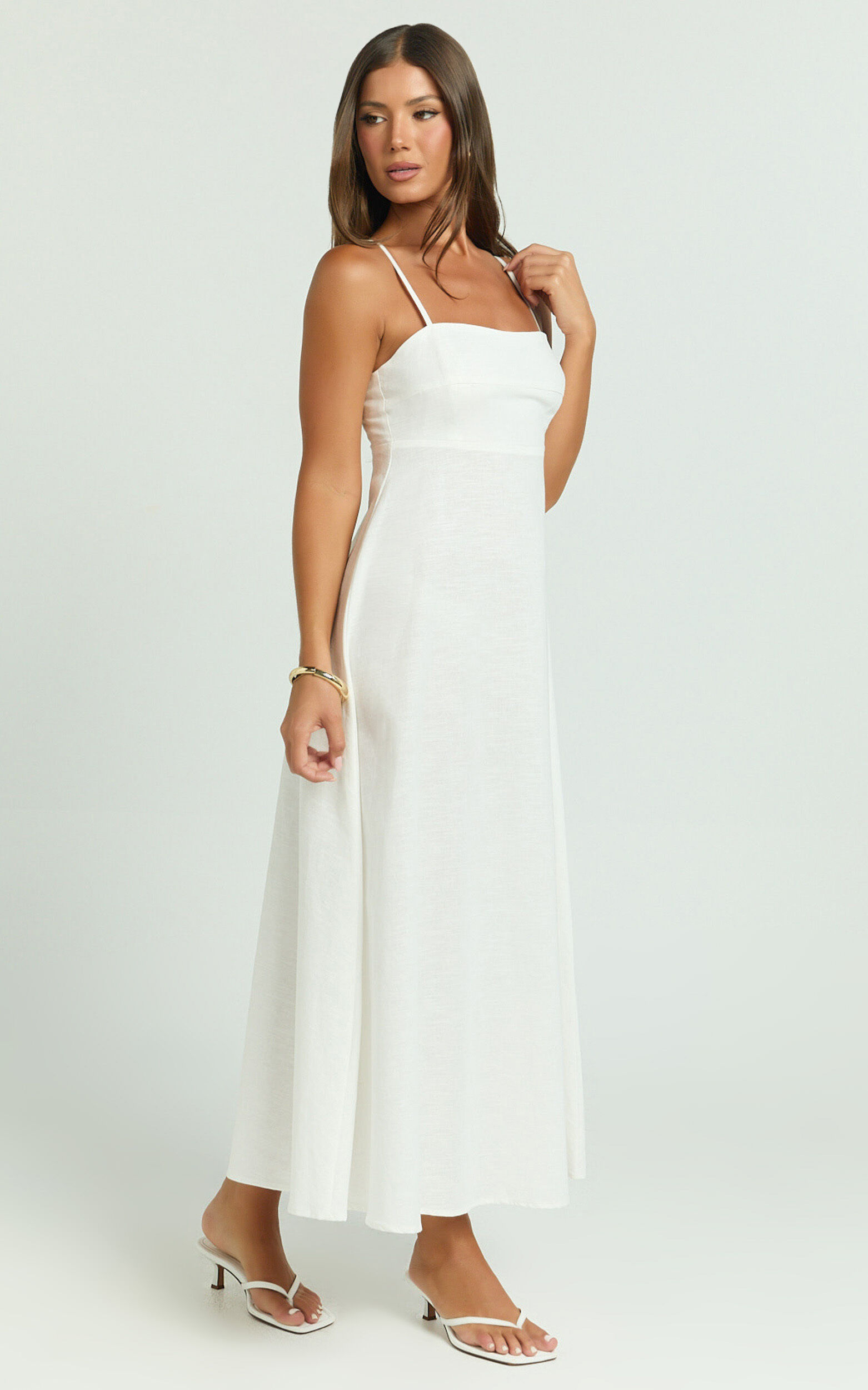 Brette Midi Dress - Linen Straight Neck Strappy Fit And Flare Dress in White