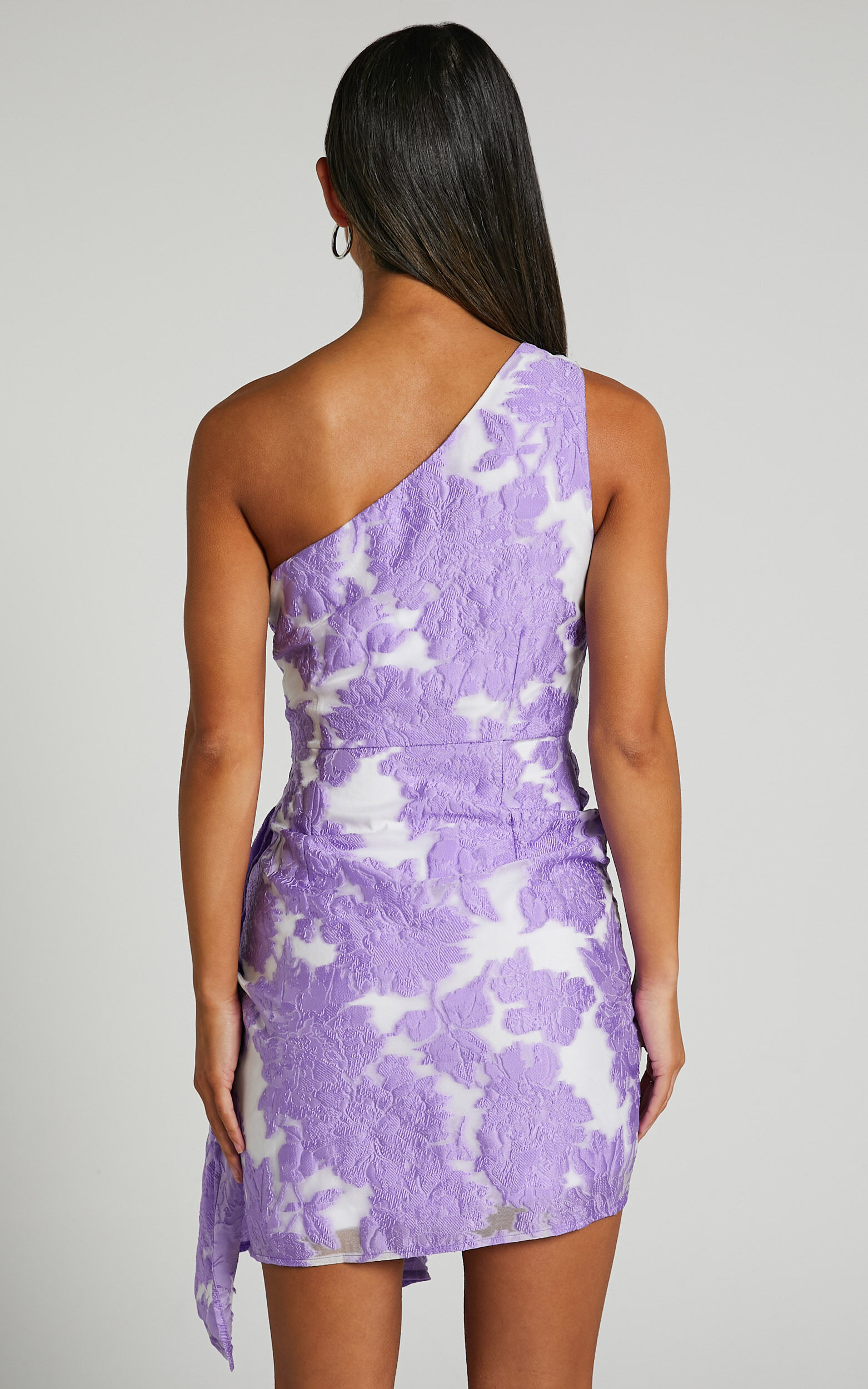 Brailey Mini Dress - One Shoulder Wrap Front Dress in Purple Jacquard