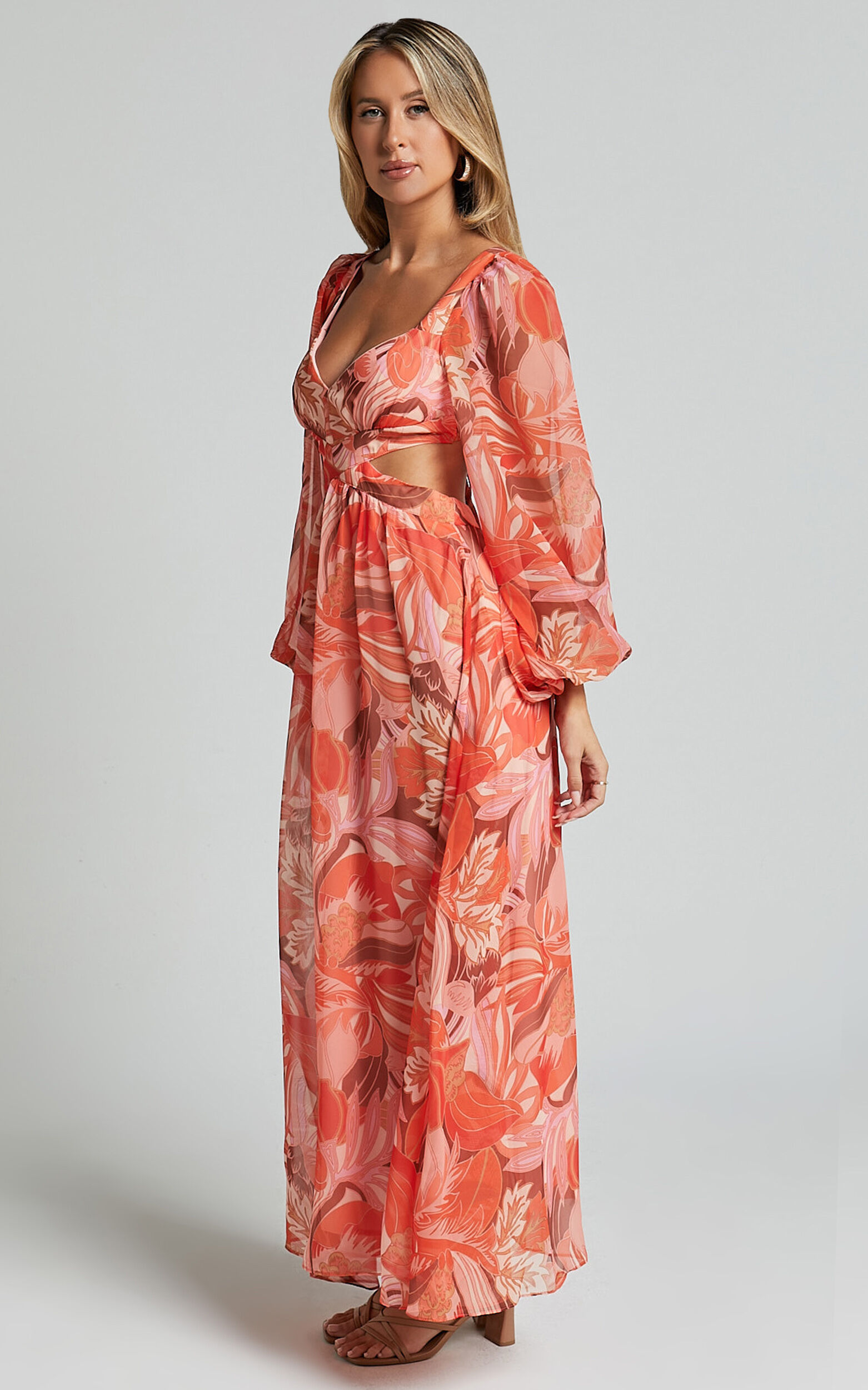 Deborah Midi Dress - Ballon Sleeve V Neck Side Cut Out Dress in Orange Floral