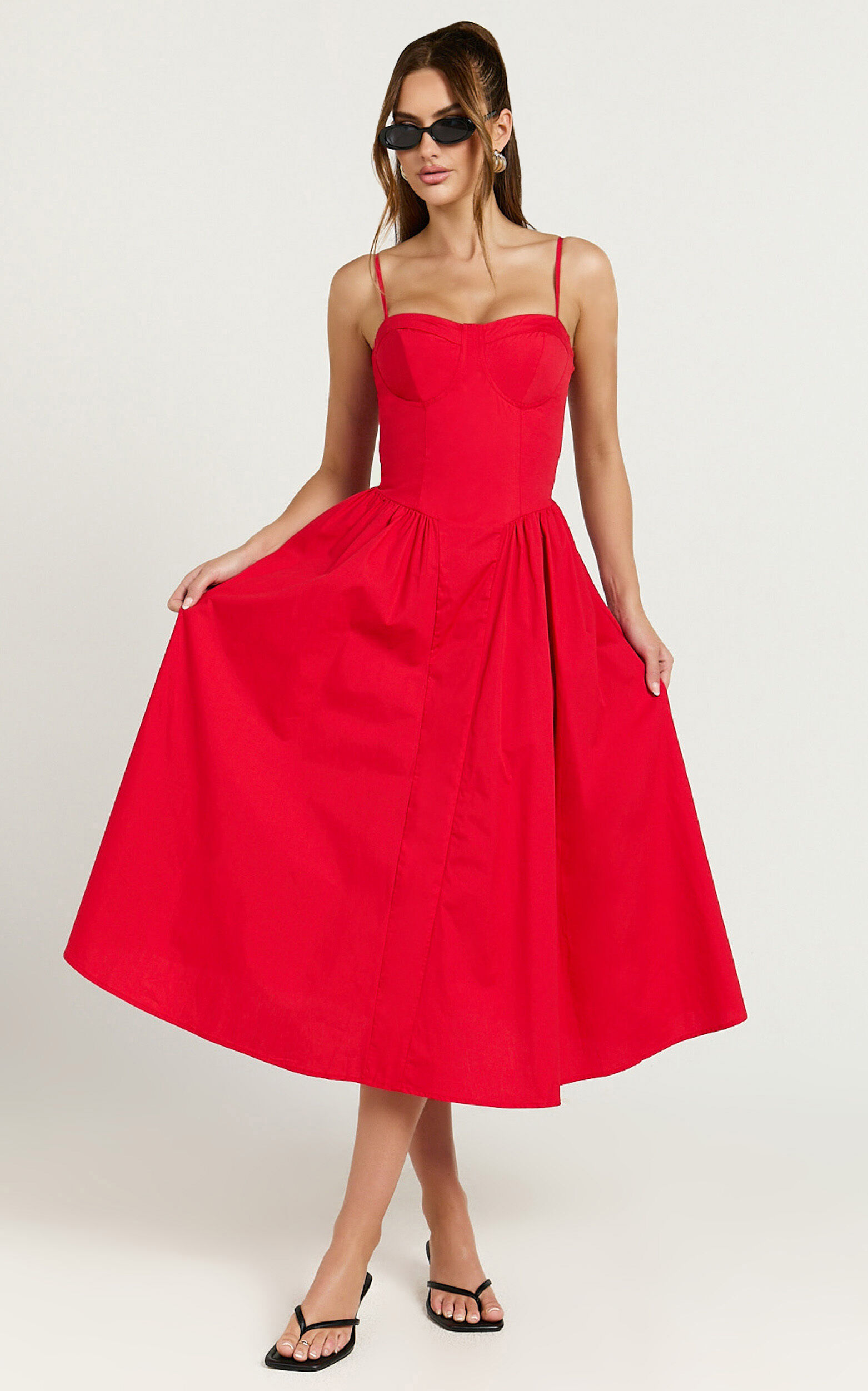 Mhissa Midi Dress - Sweetheart Neck  Fit & Flare Dress in Red