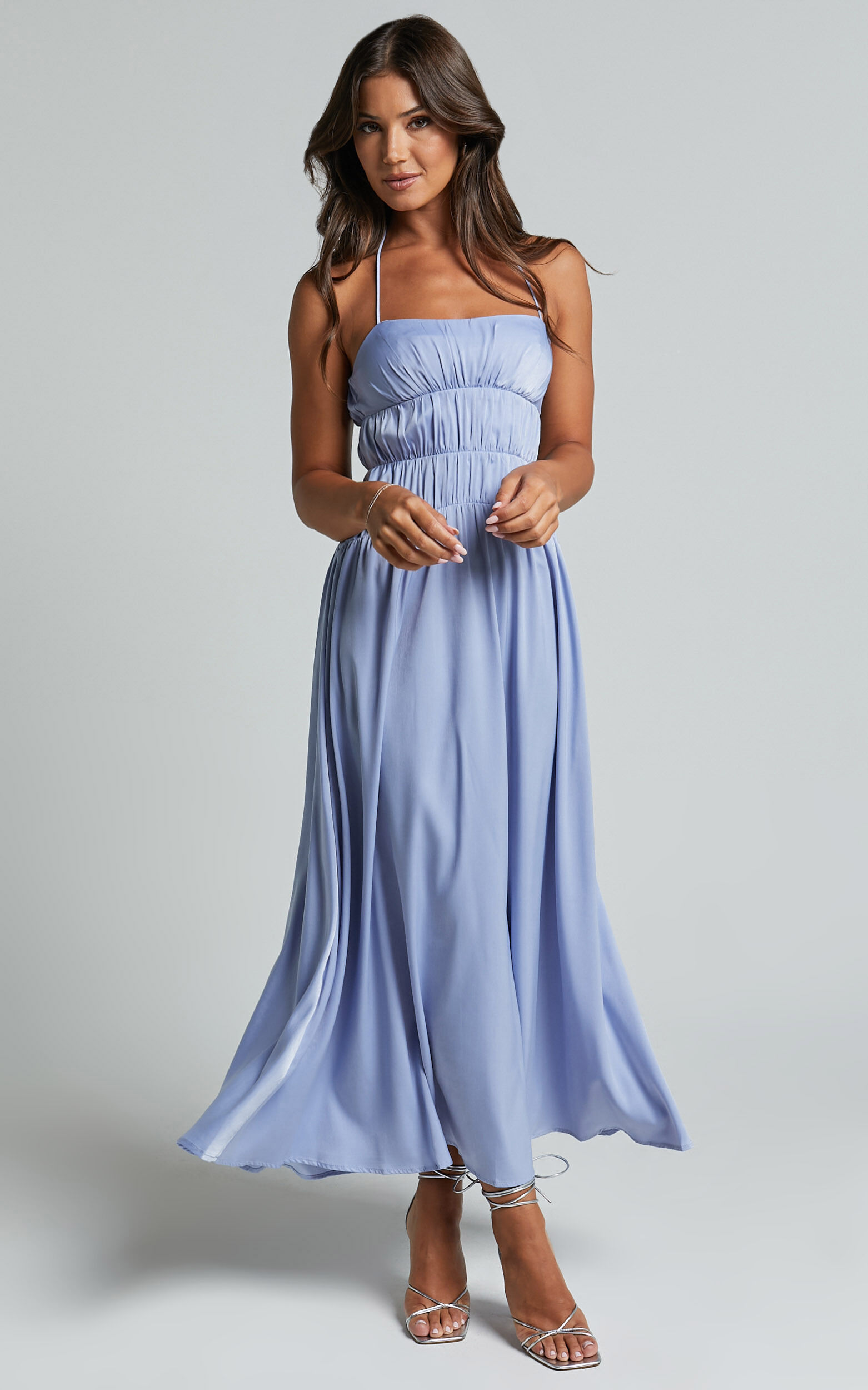 Callie Midi Dress - Satin Gathered Bust Detail Dress in Blue