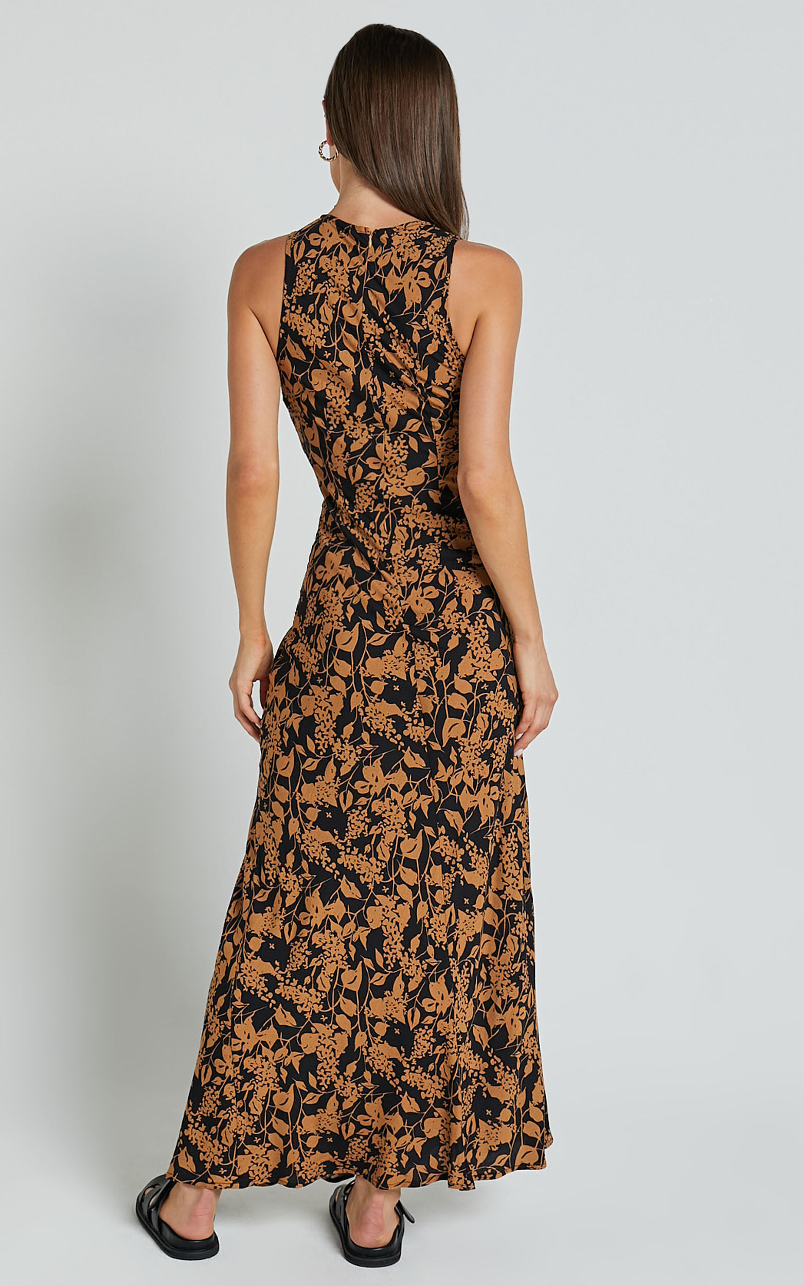 Francis Midi Dress - High Neck Slip Dress in Brown Floral