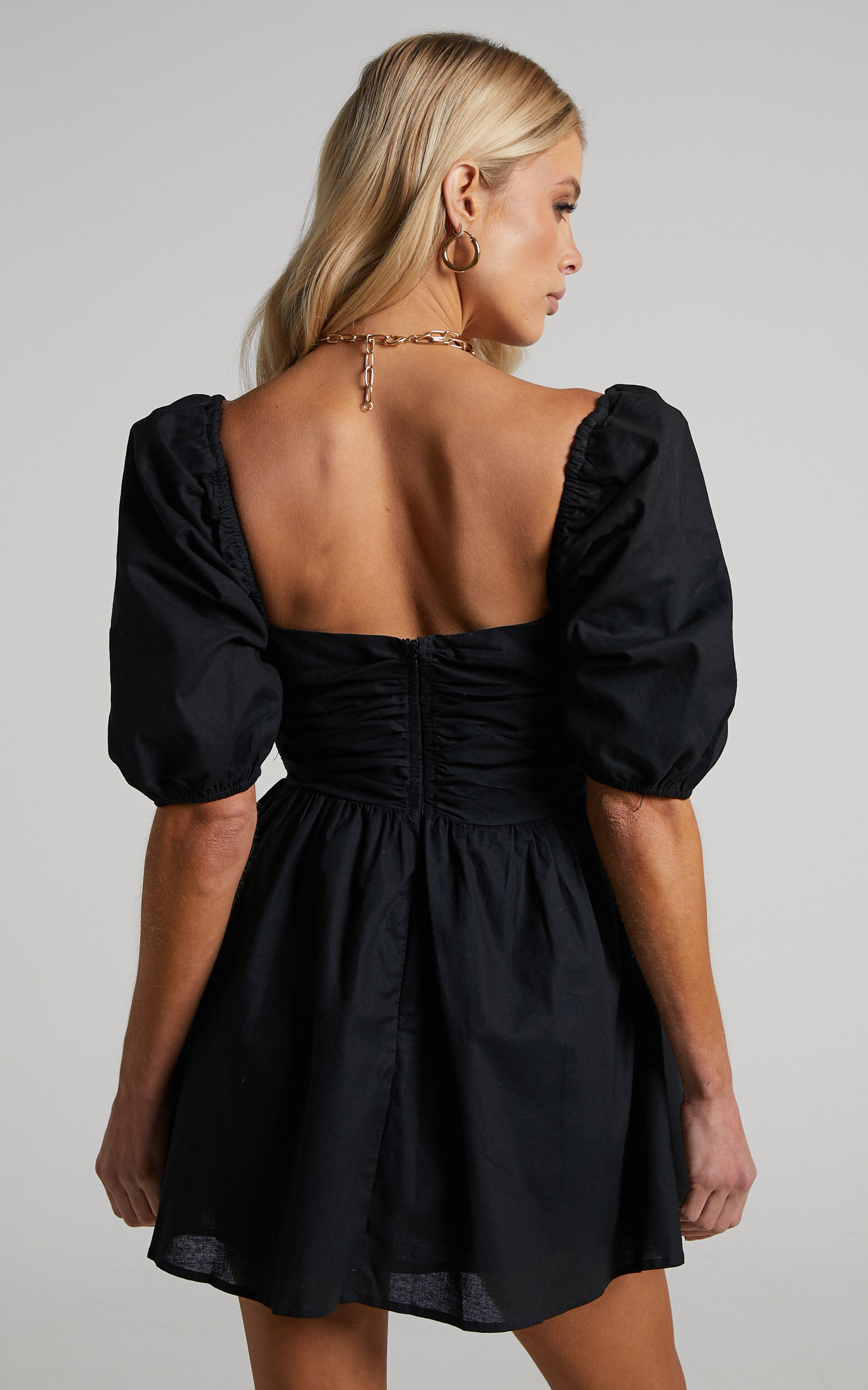 Claudina Mini Dress - Linen Look Puff Sleeve Ruched Bodice Dress in Black