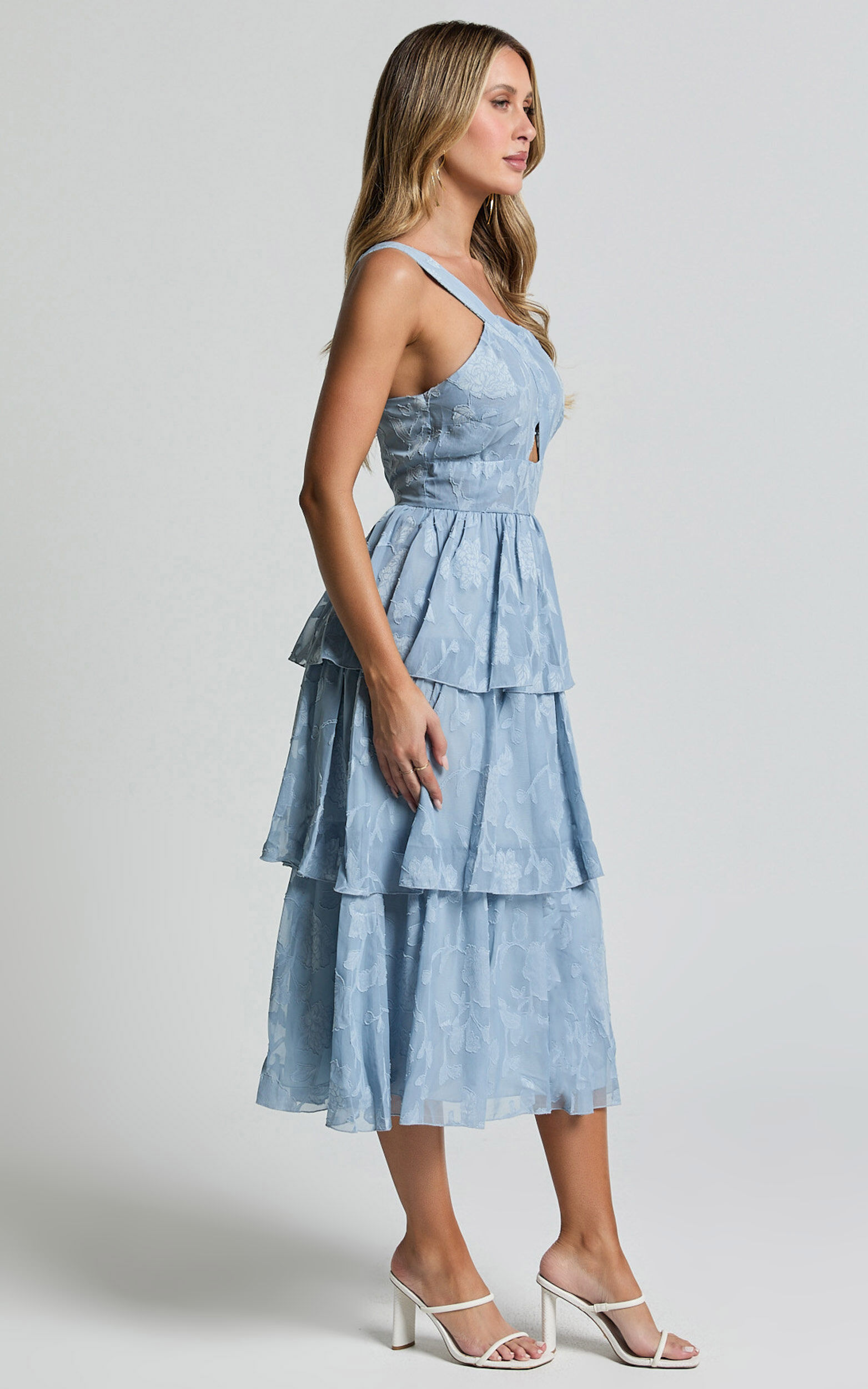 Alvinia Midi Dress - One Shoulder Cut Out Tiered Dress in Light Blue