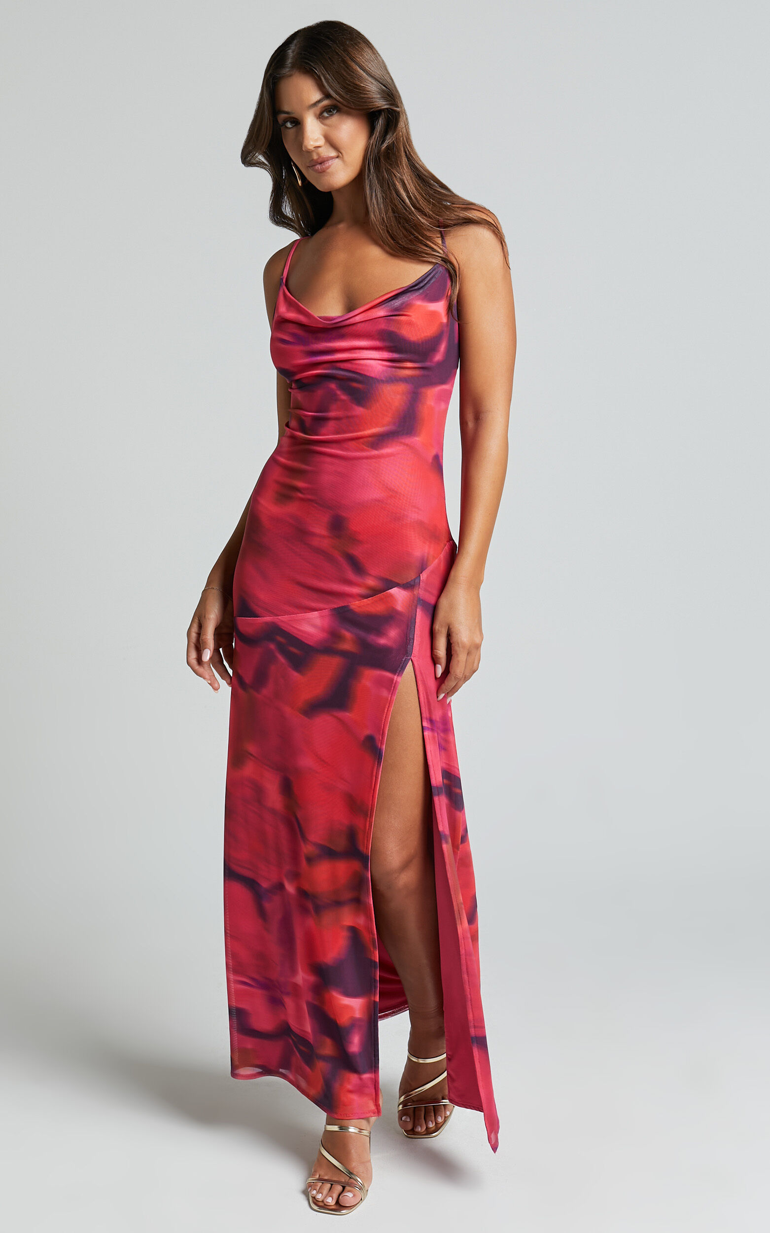 Lula Maxi Dress - Cowl Neck Thigh Split Dress in Adeana Print