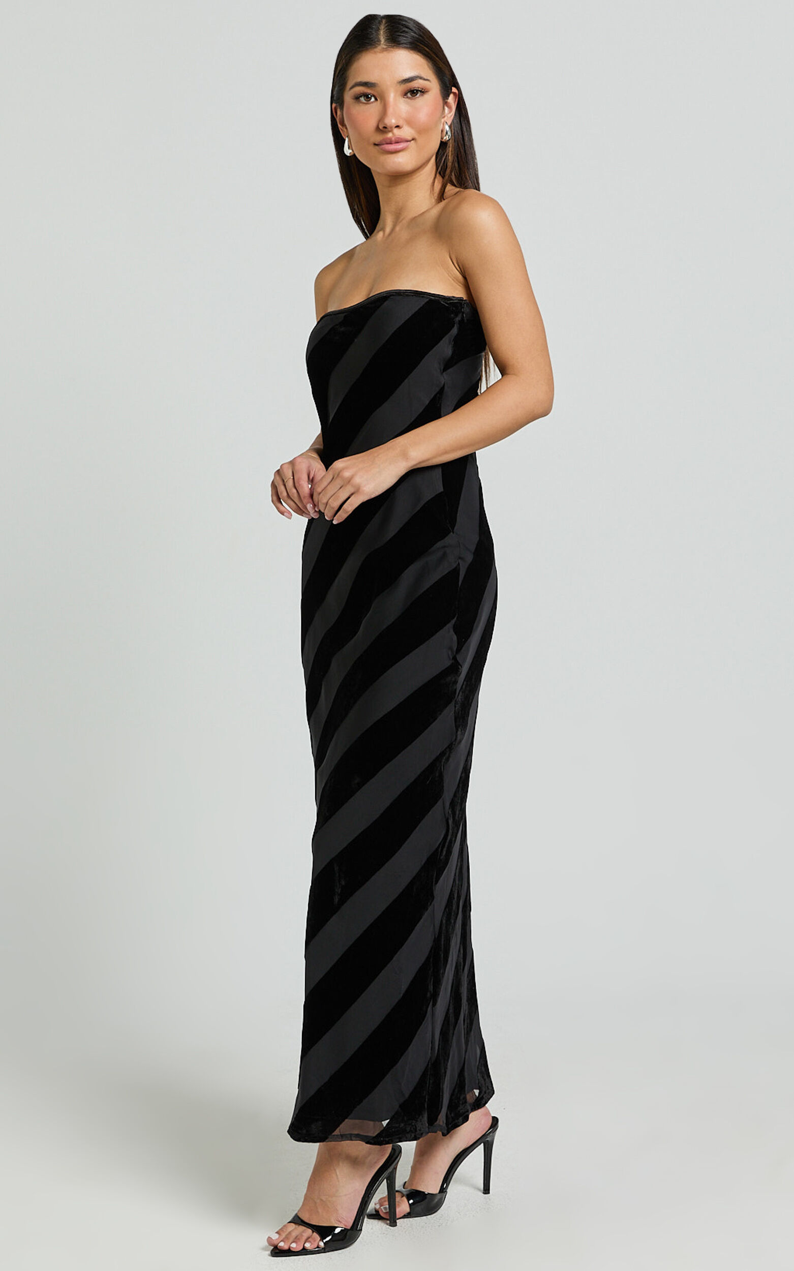 Genevieve Midi Dress - Strapless Stripe Burnout Dress in Black Stripe