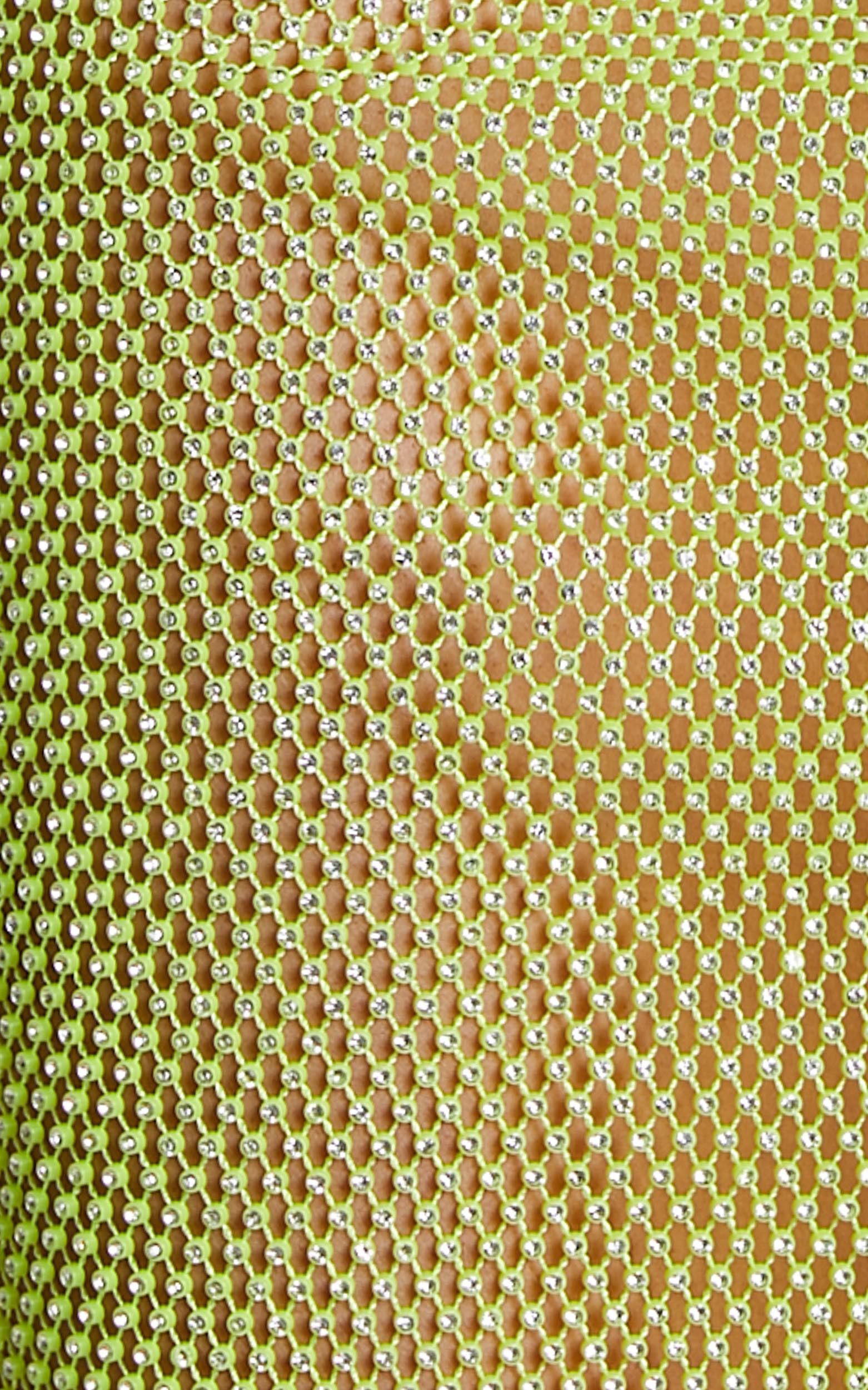 Karmen Midi Dress - Long Sleeve Split Diamante Mesh Dress in Lime