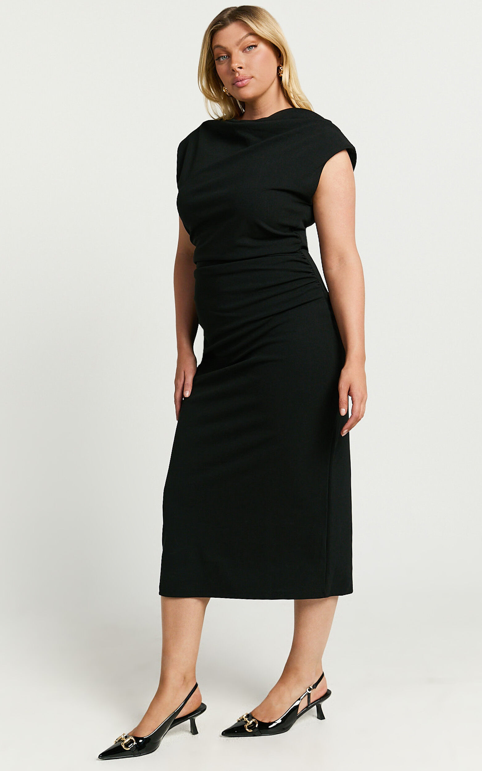Carmilette Midi Dress - Cowl Neck Ruched Jersey Dress in Black