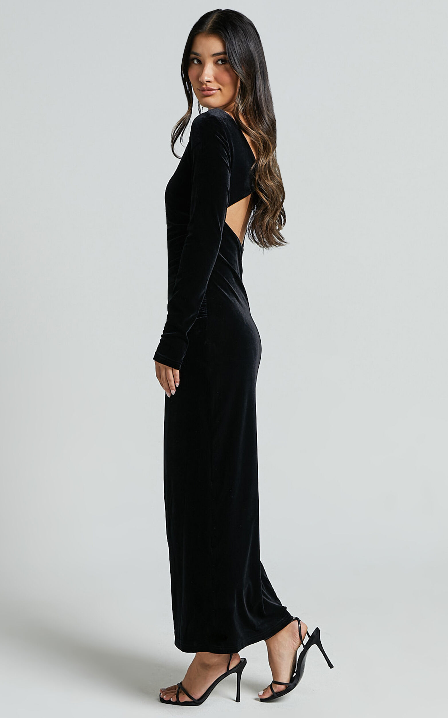 Mirabelle Midi Dress - Long Sleeve Back Cut Out Ruched Velvet Dress in Black