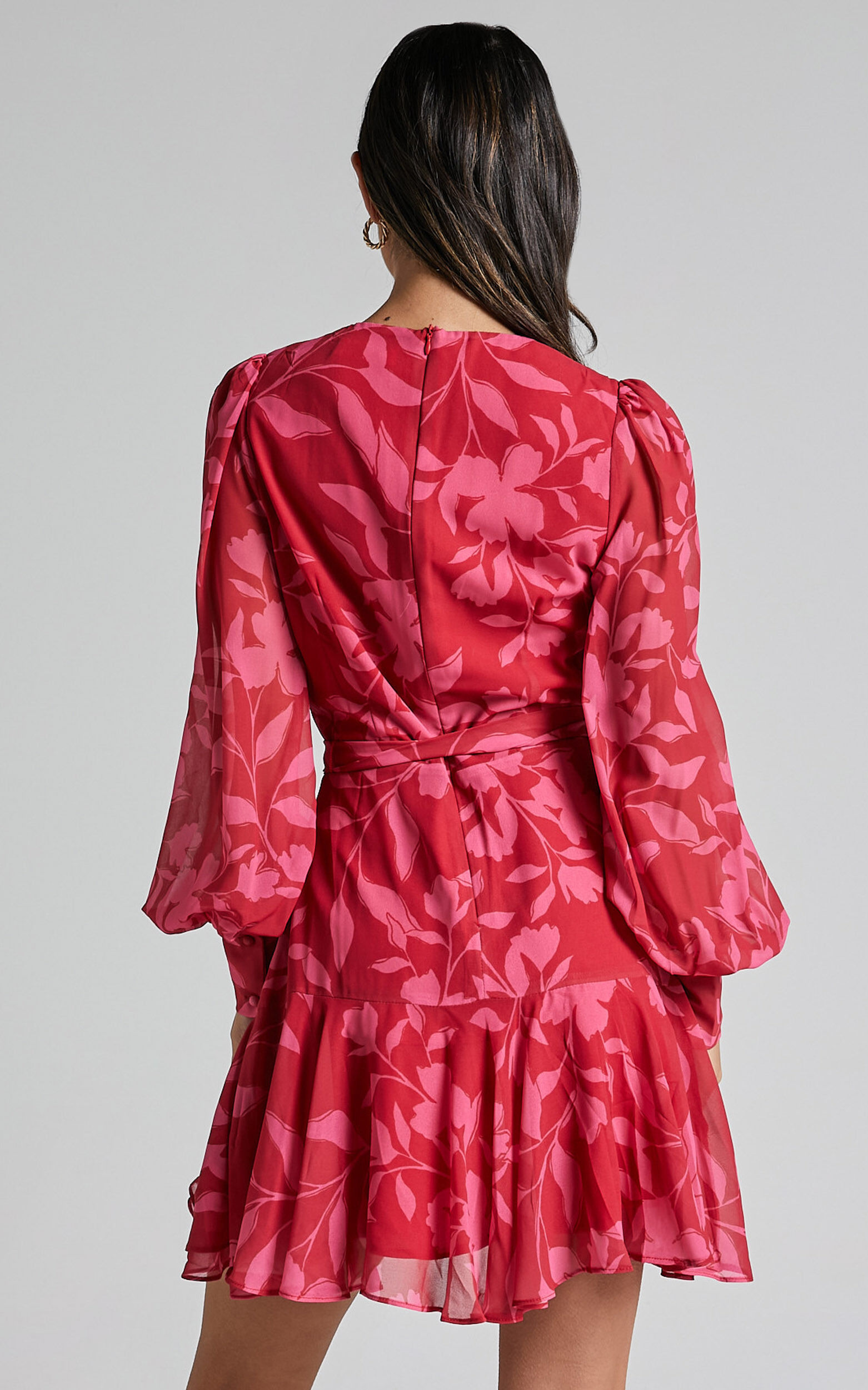 Aronia Mini Dress - V Neck Long Bishop Sleeve Ruffle Hem Wrap Dress in Havana Silhouette floral